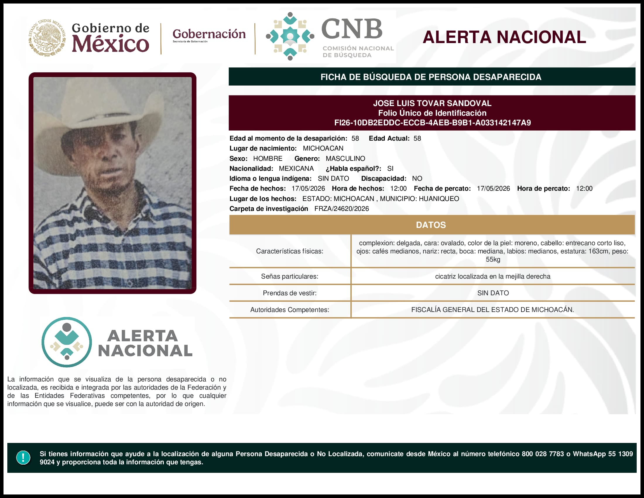 Persona desaparecida Jose Luis Tovar Sandoval