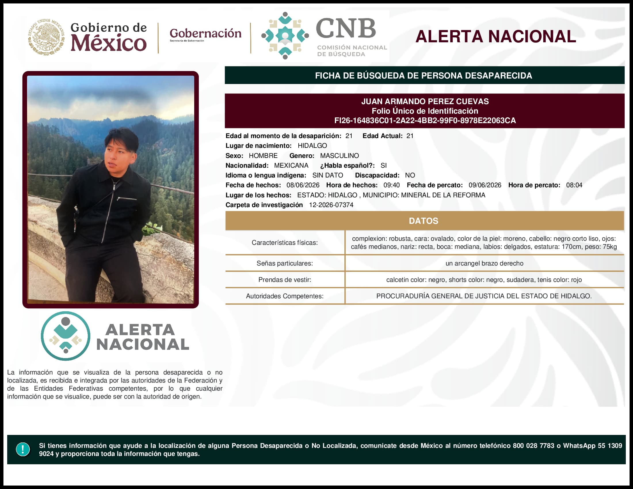 Persona desaparecida Juan Armando Perez Cuevas