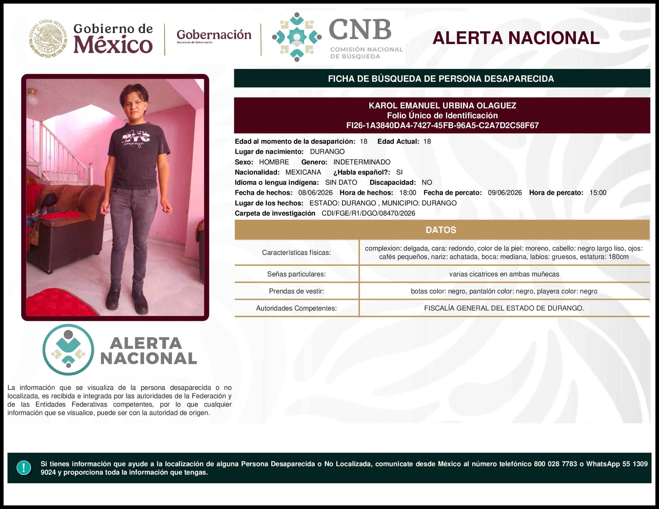 Persona desaparecida Karol Emanuel Urbina Olaguez