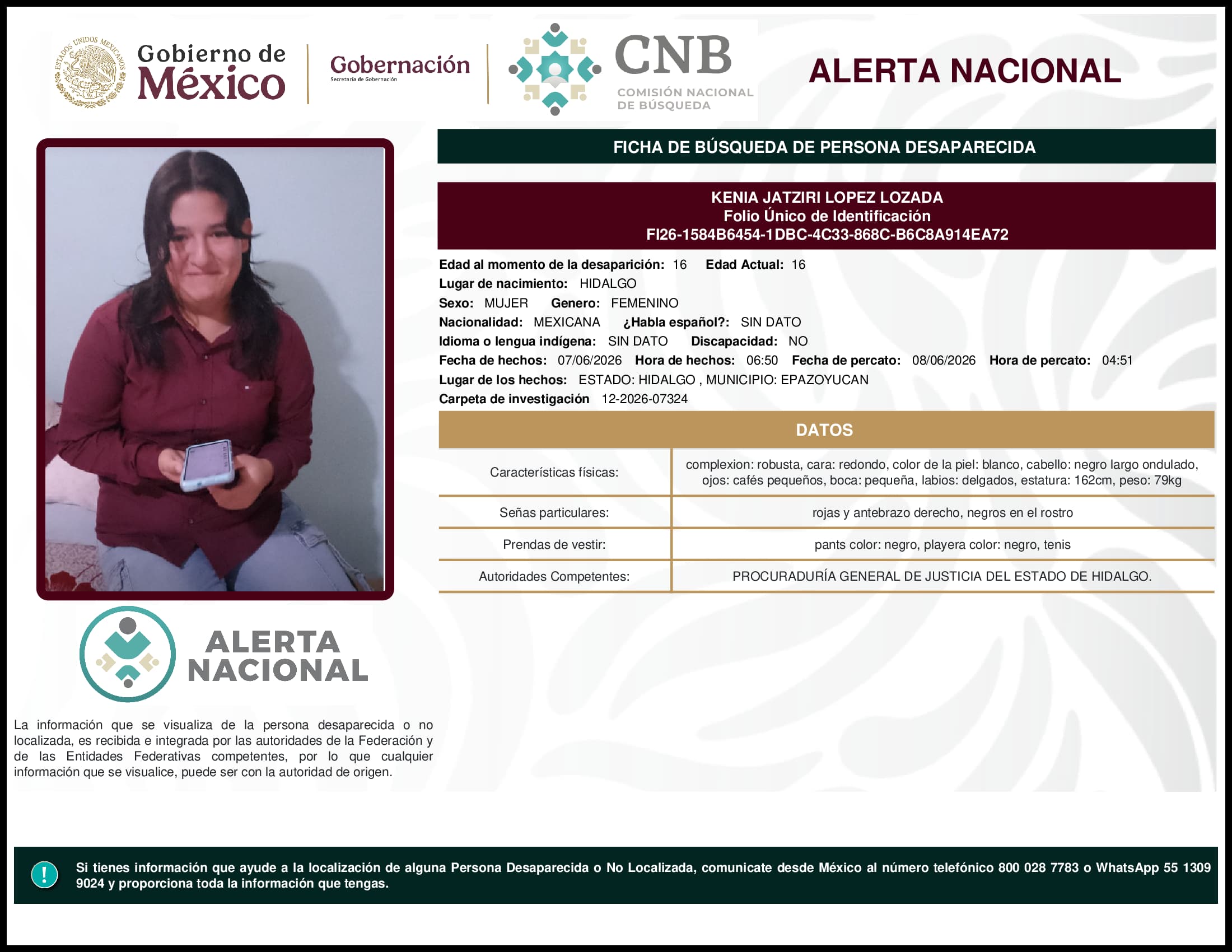 Persona desaparecida Kenia Jatziri Lopez Lozada