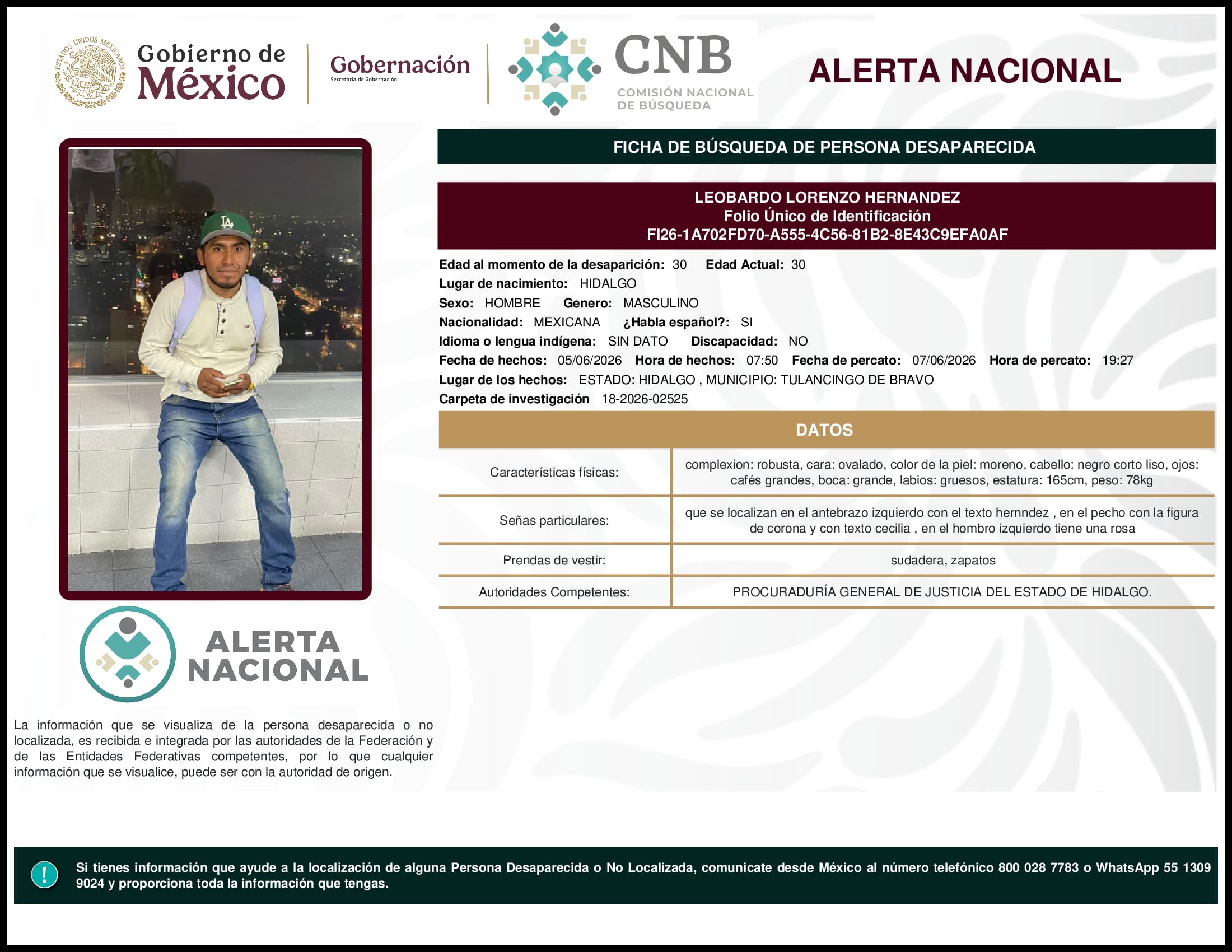 Persona desaparecida Leobardo Lorenzo Hernandez