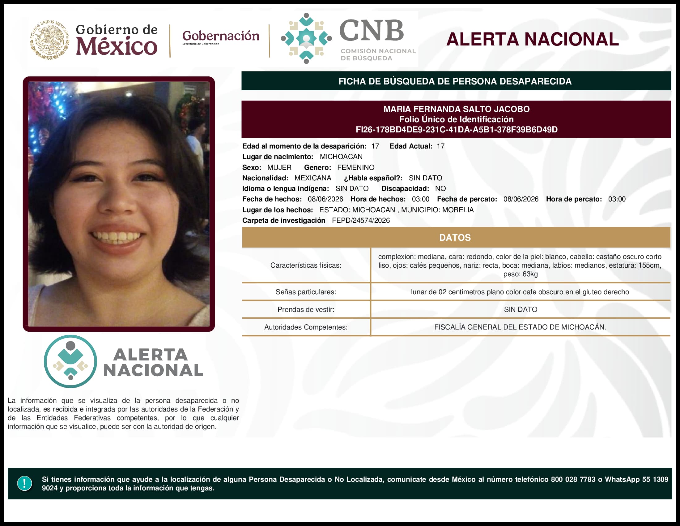 Persona desaparecida Maria Fernanda Salto Jacobo