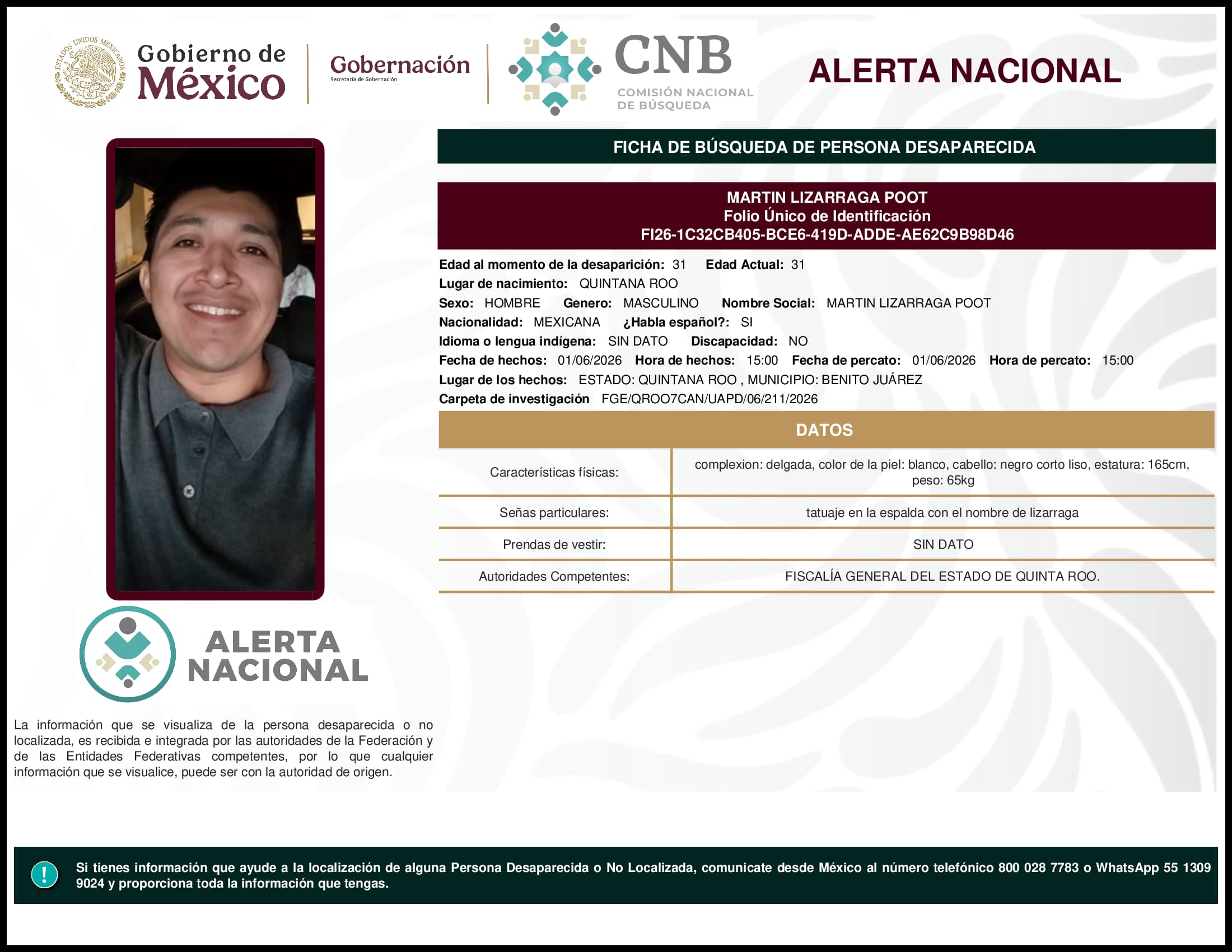 Persona desaparecida Martin Lizarraga Poot