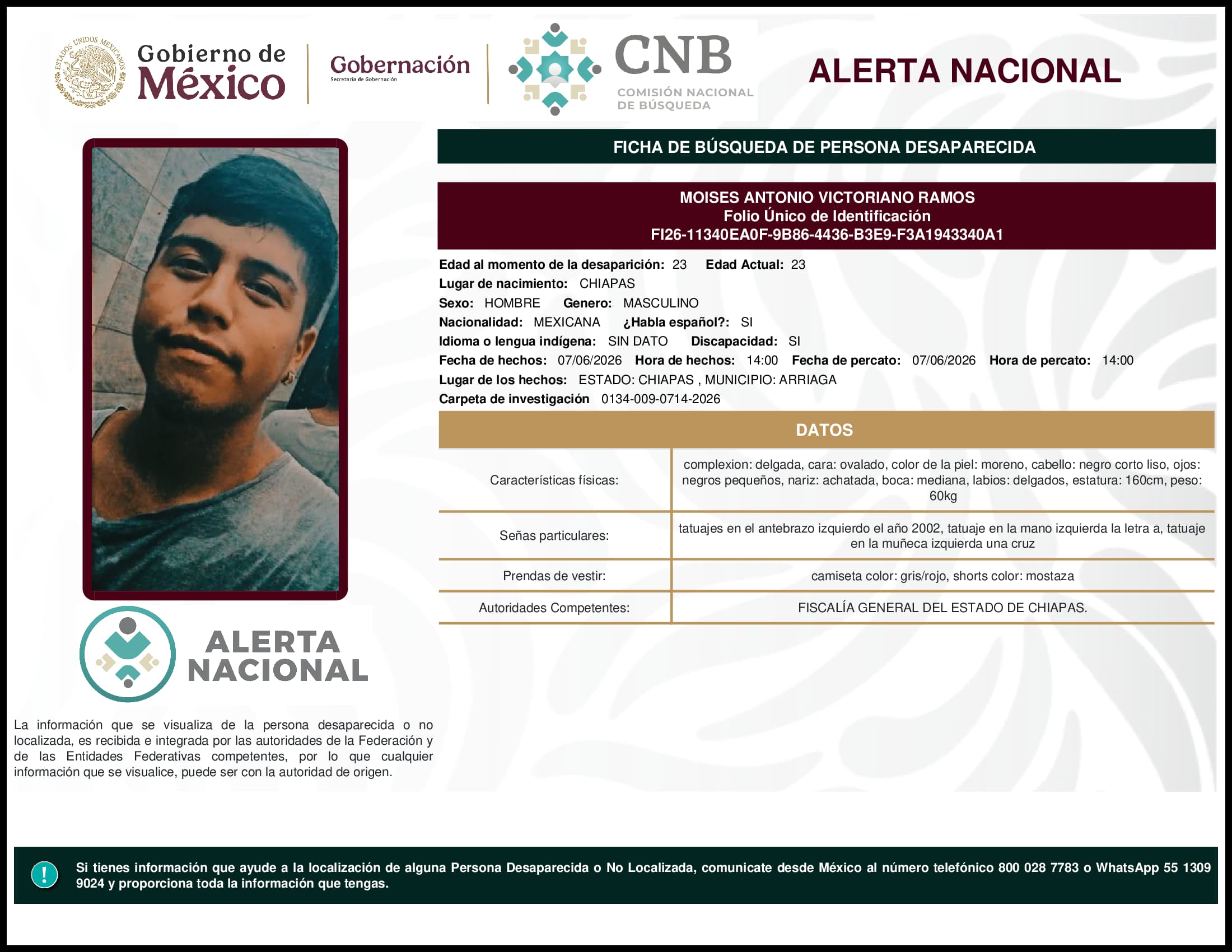 Persona desaparecida Moises Antonio Victoriano Ramos