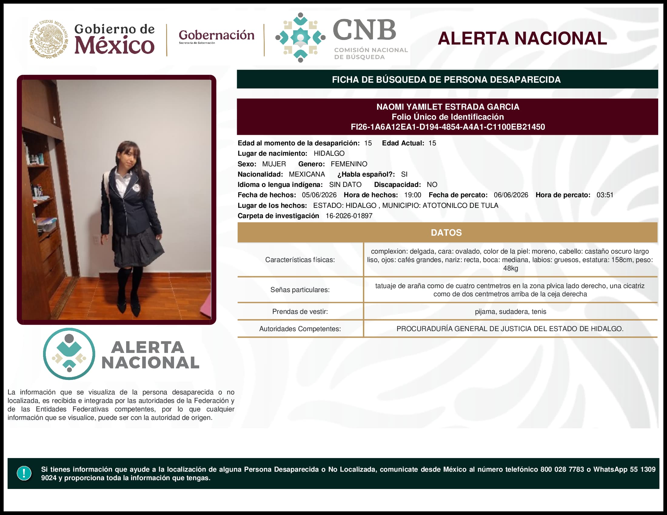 Persona desaparecida Naomi Yamilet Estrada Garcia