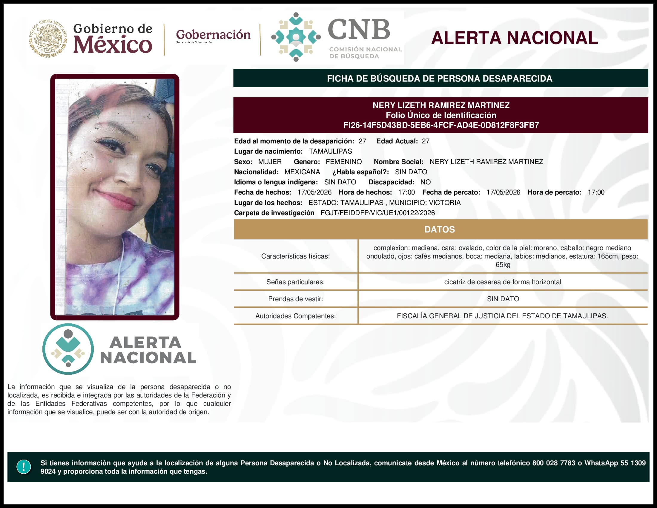 Persona desaparecida Nery Lizeth Ramirez Martinez