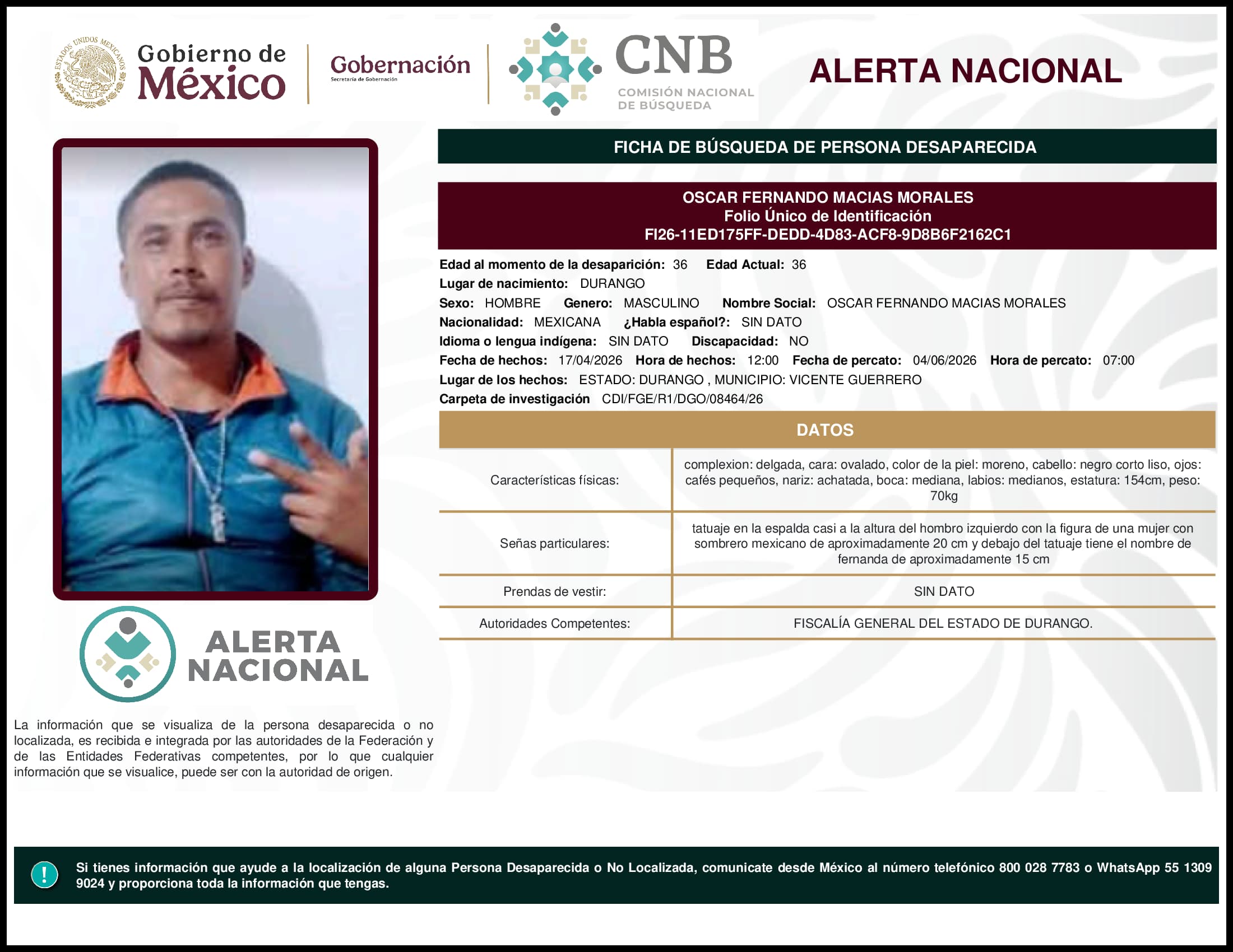 Persona desaparecida Oscar Fernando Macias Morales