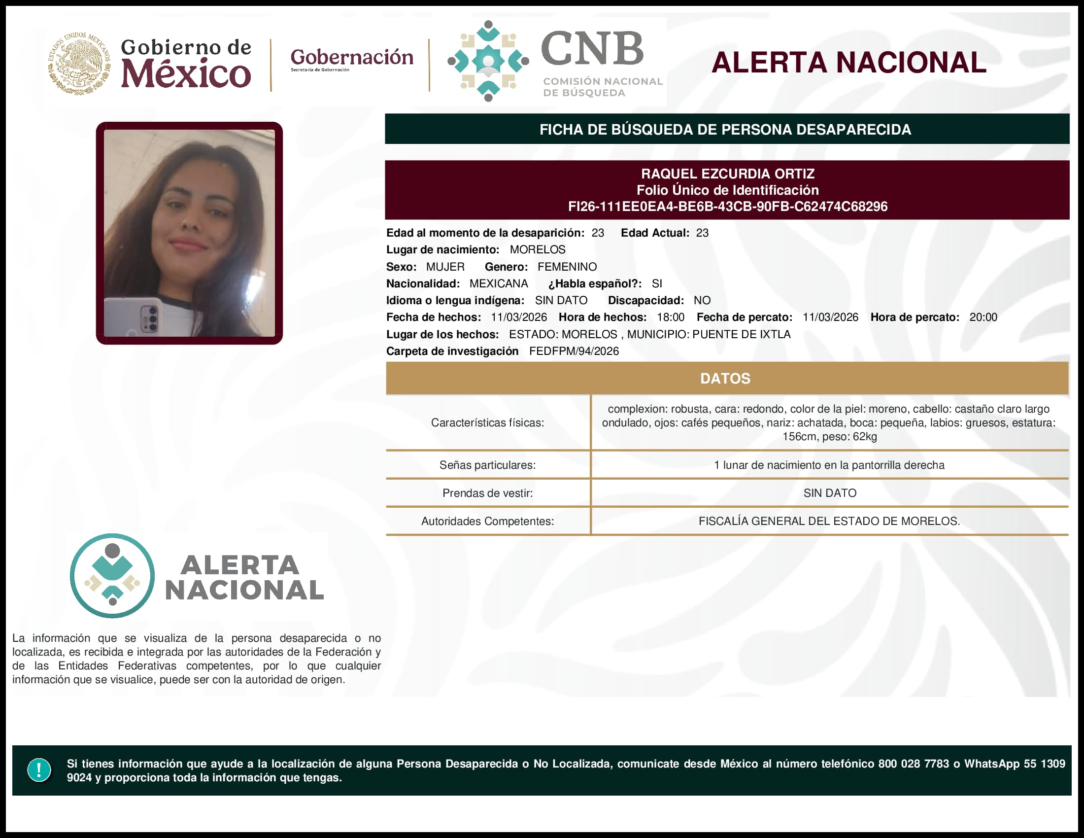 Persona desaparecida Raquel Ezcurdia Ortiz