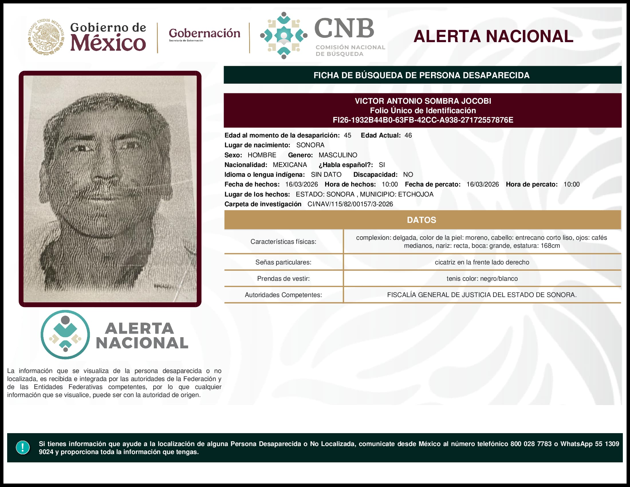 Persona desaparecida Victor Antonio Sombra Jocobi