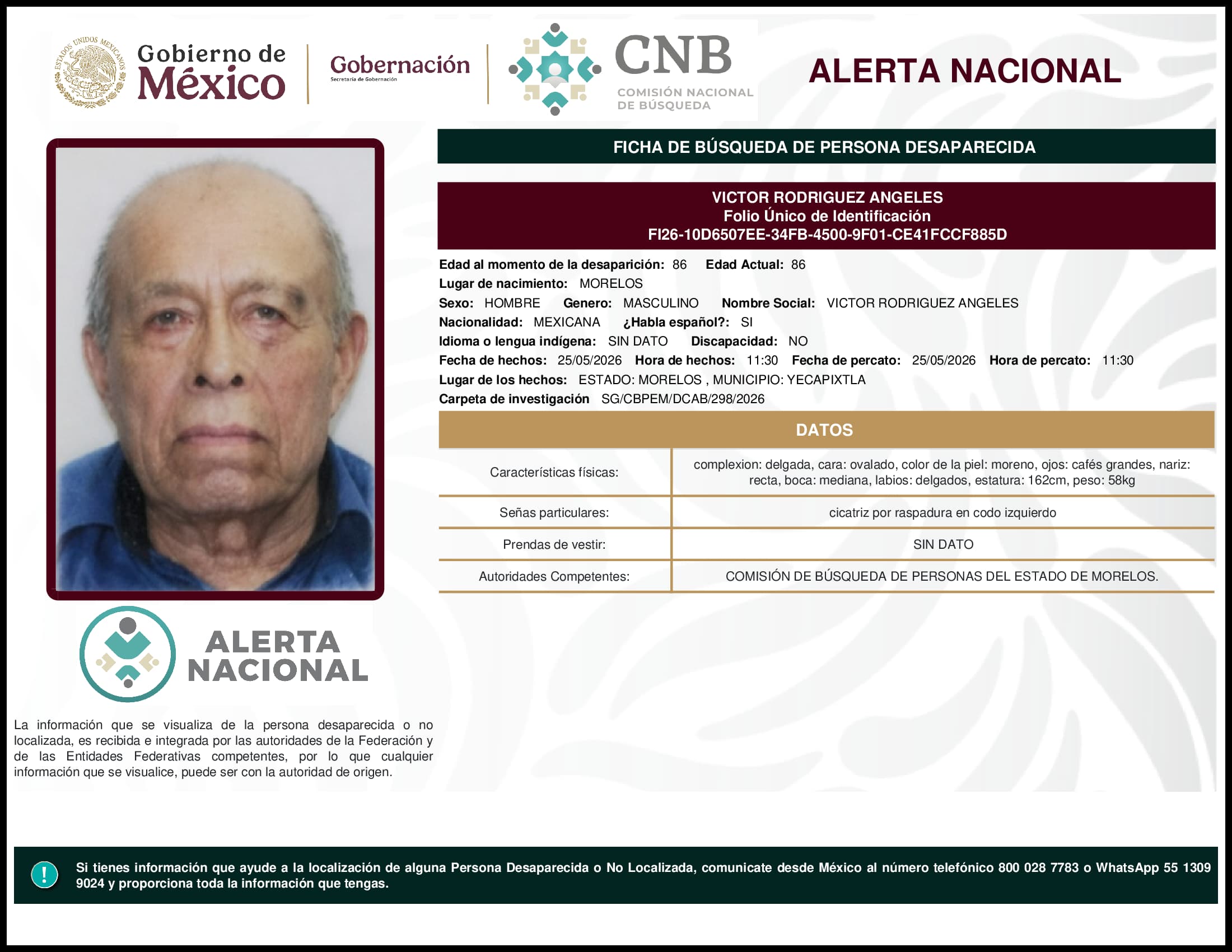 Persona desaparecida Victor Rodriguez Angeles