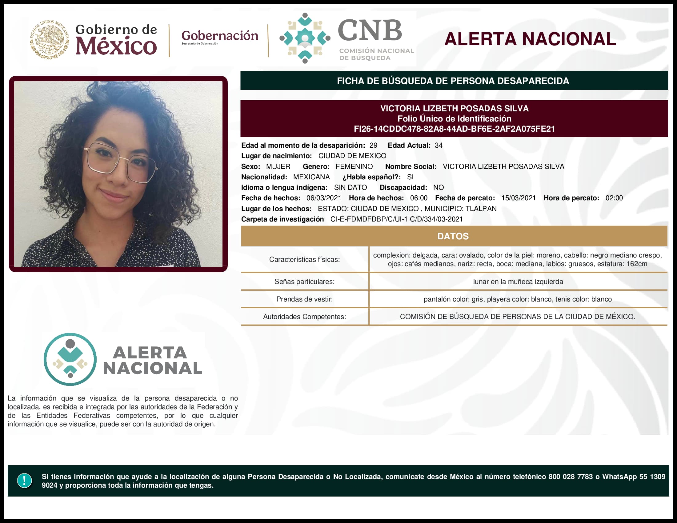 Persona desaparecida Victoria Lizbeth Posadas Silva