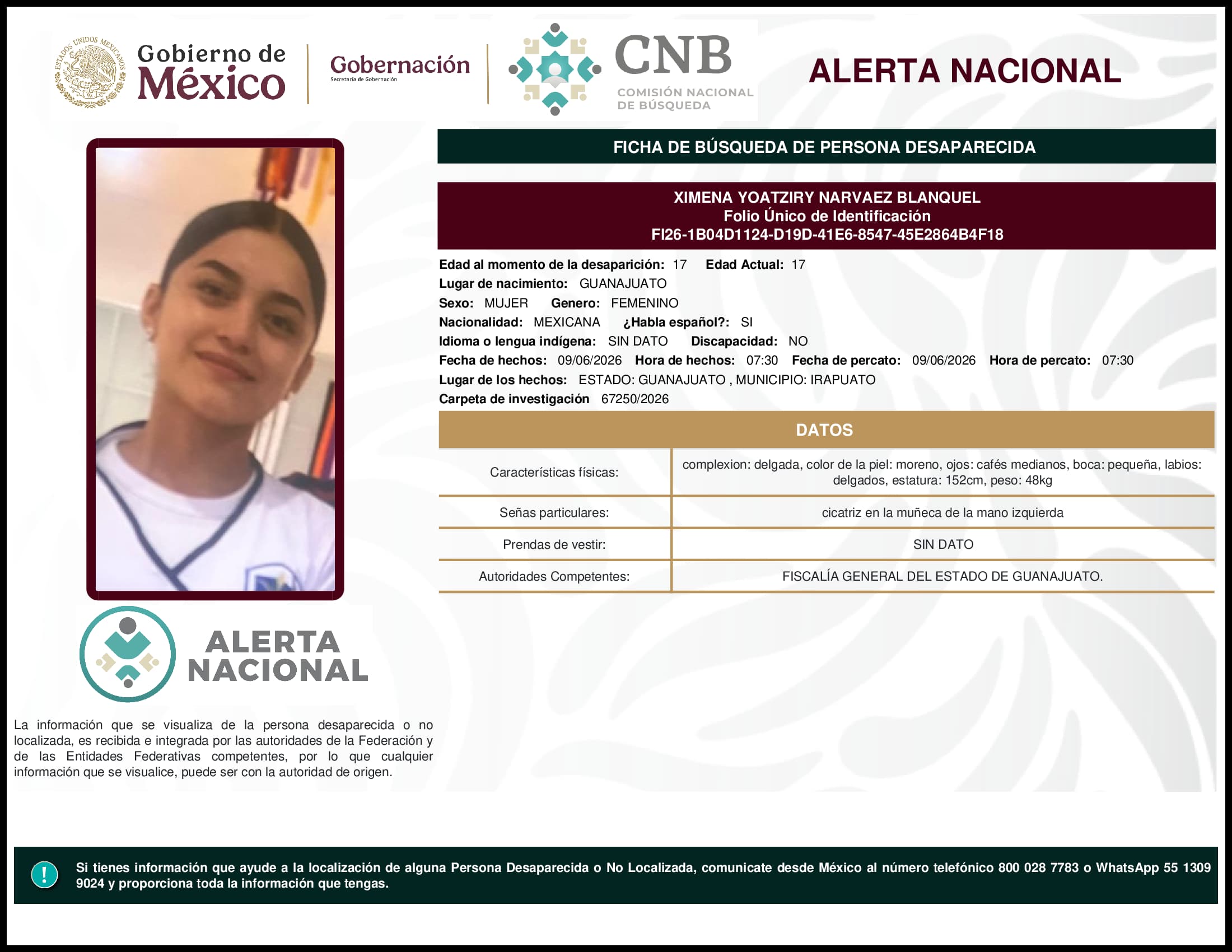 Persona desaparecida Ximena Yoatziry Narvaez Blanquel