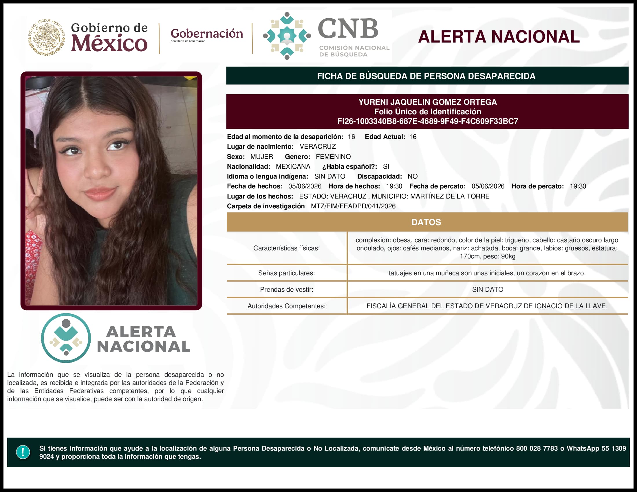Persona desaparecida Yureni Jaquelin Gomez Ortega