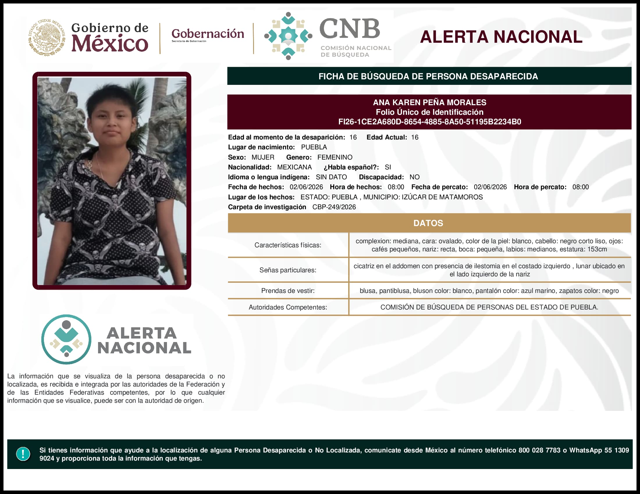 Persona desaparecida Ana Karen Pena Morales