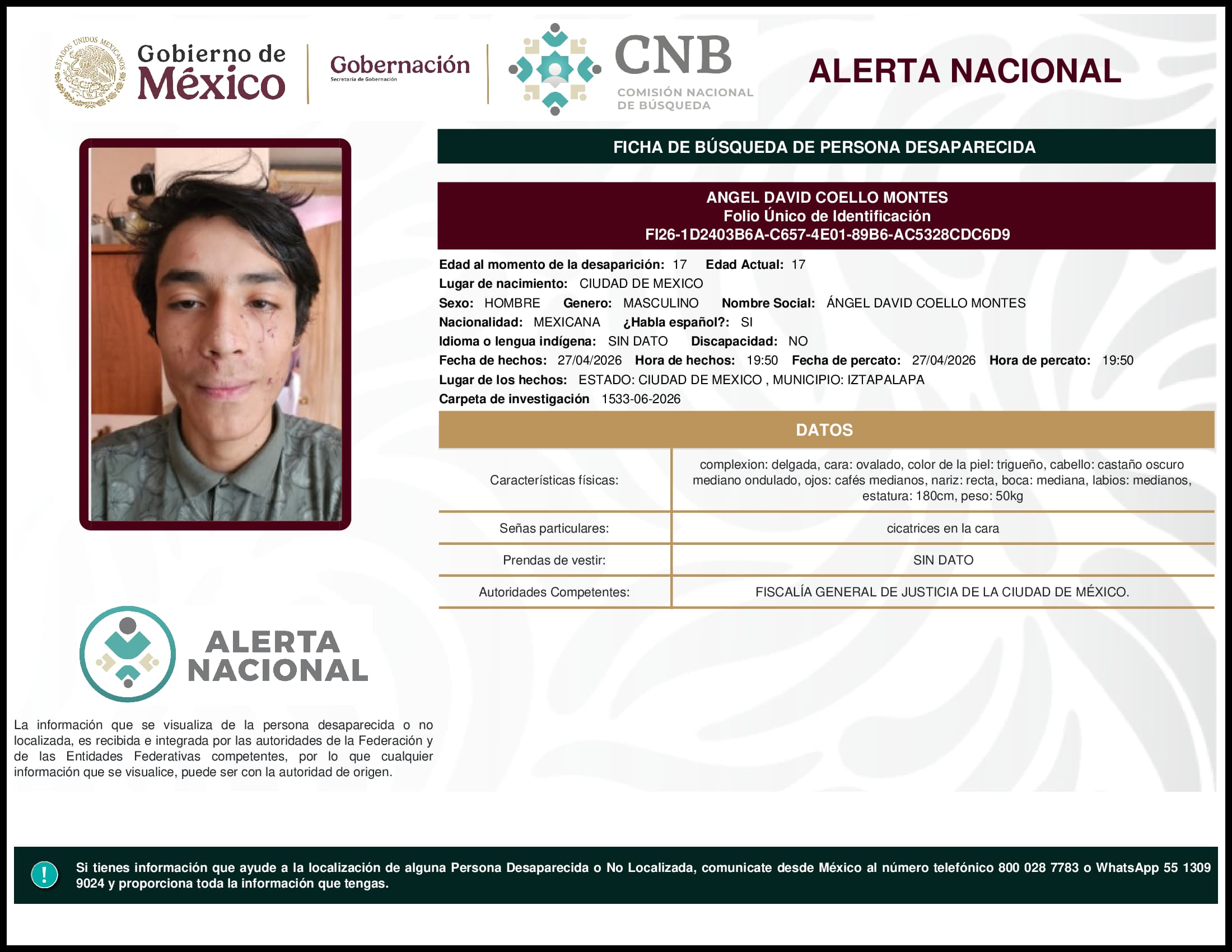 Persona desaparecida Angel David Coello Montes