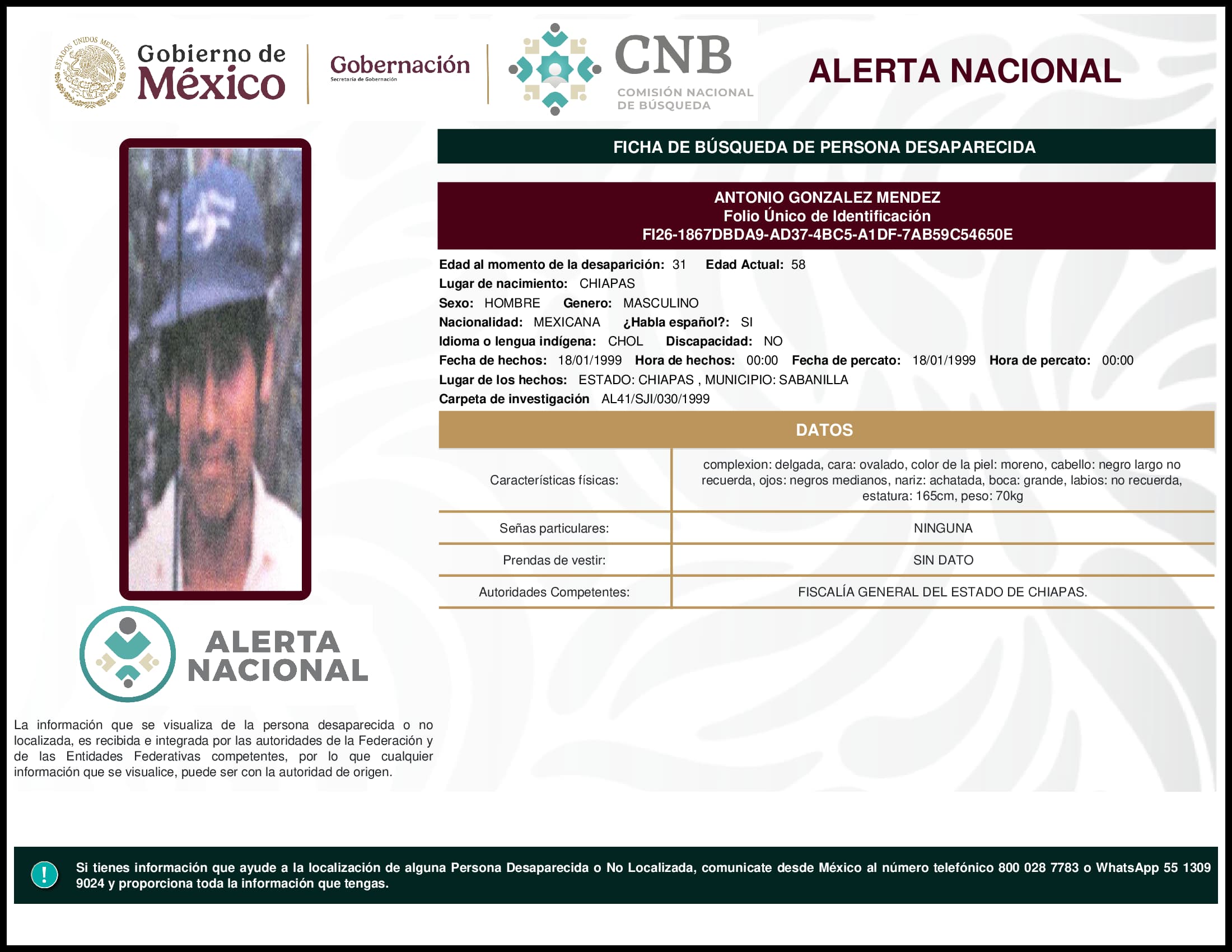Persona desaparecida Antonio Gonzalez Mendez
