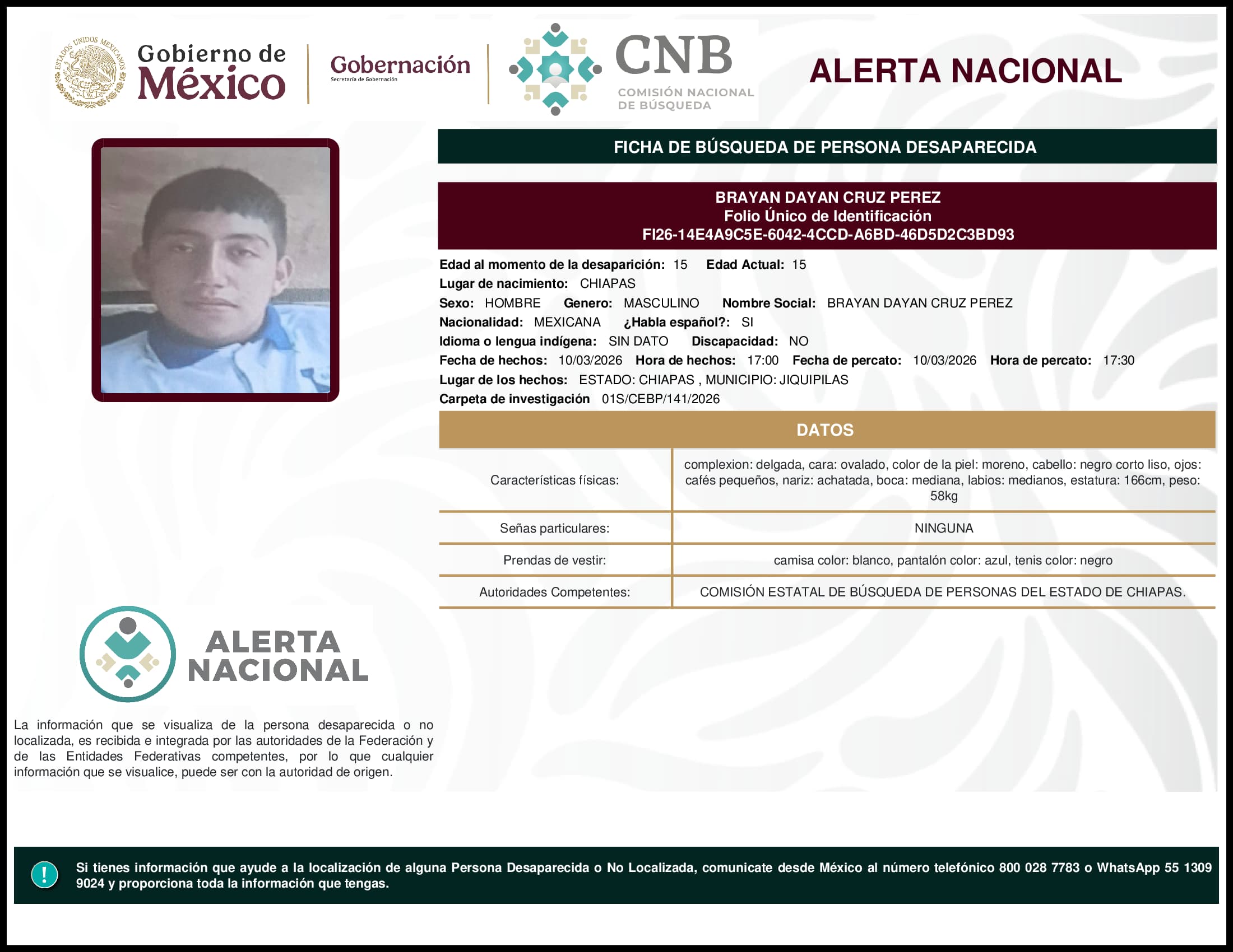 Persona desaparecida Brayan Dayan Cruz Perez