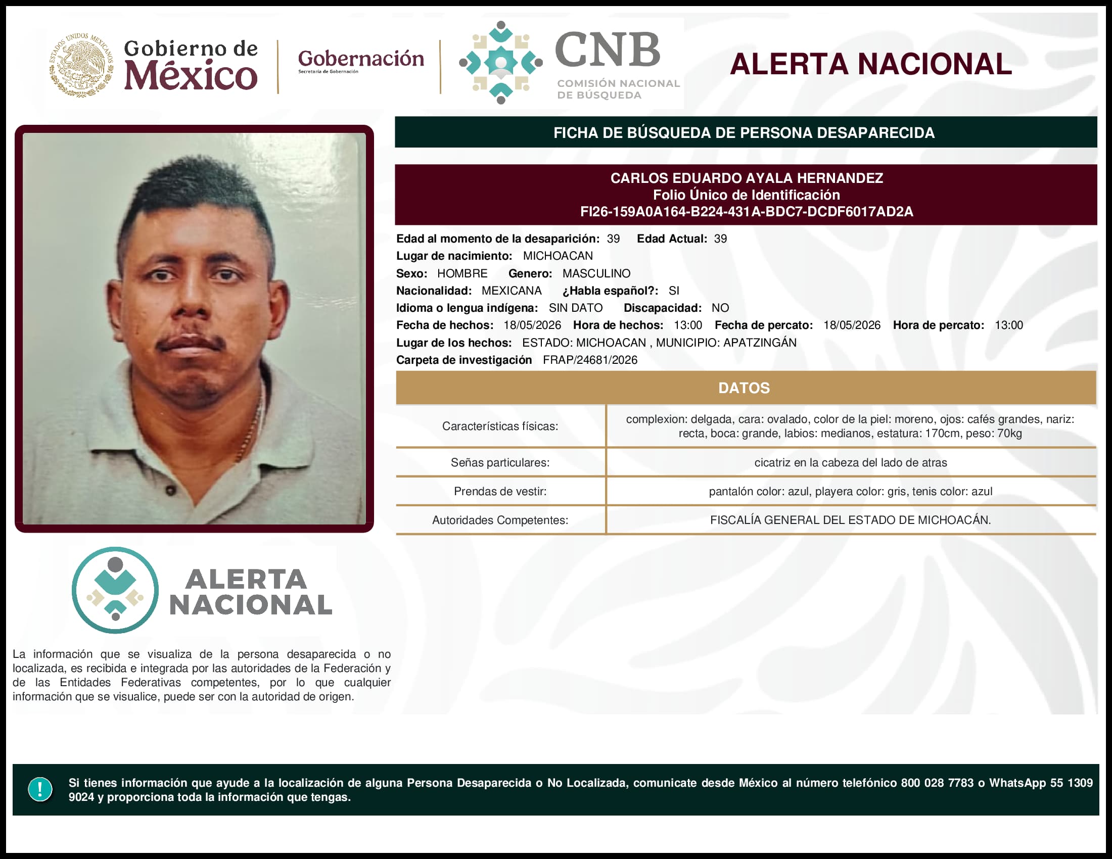 Persona desaparecida Carlos Eduardo Ayala Hernandez