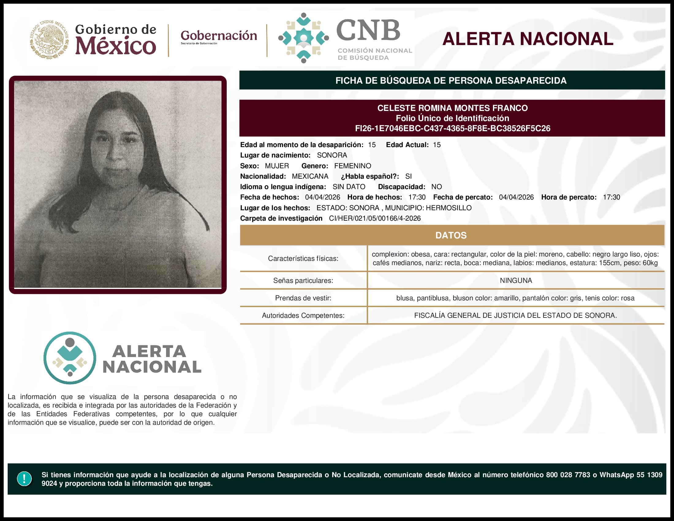 Persona desaparecida Celeste Romina Montes Franco