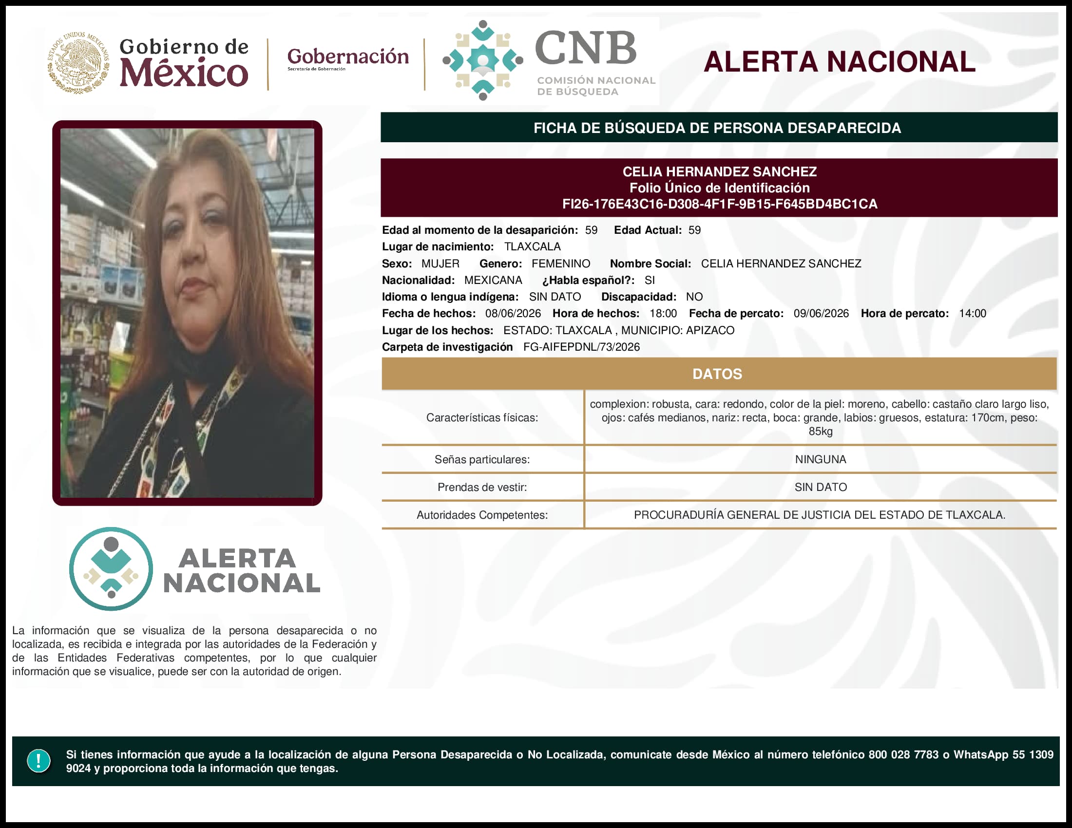 Persona desaparecida Celia Hernandez Sanchez