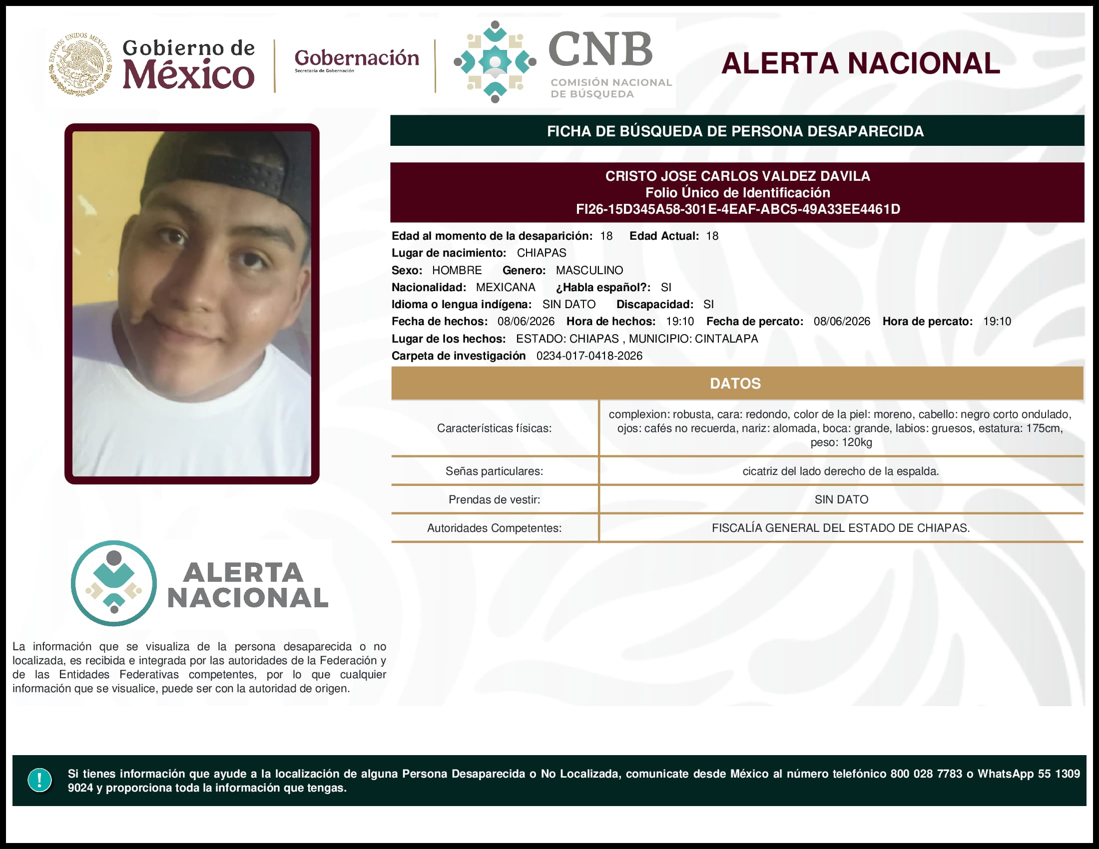 Persona desaparecida Cristo Jose Carlos Valdez Davila