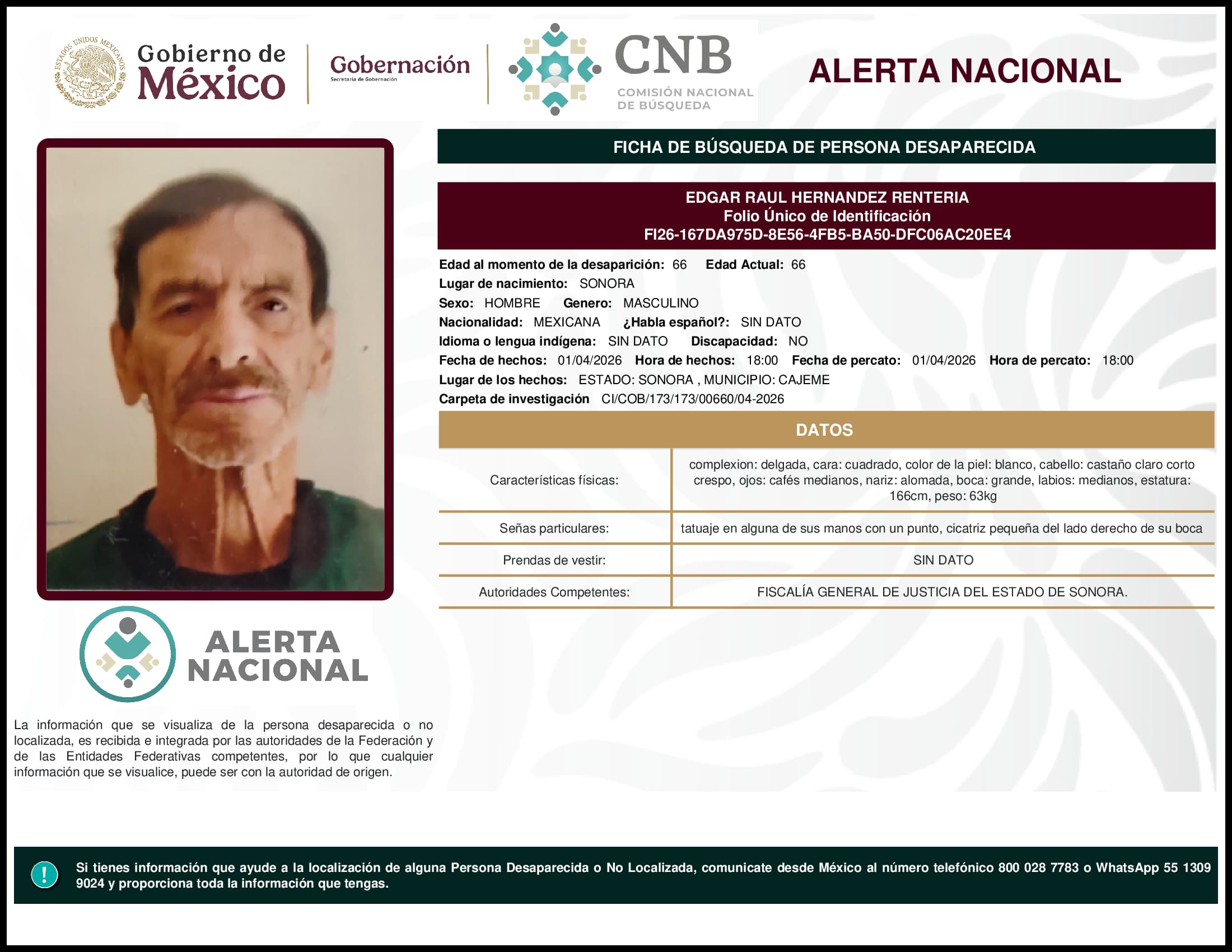 Persona desaparecida Edgar Raul Hernandez Renteria