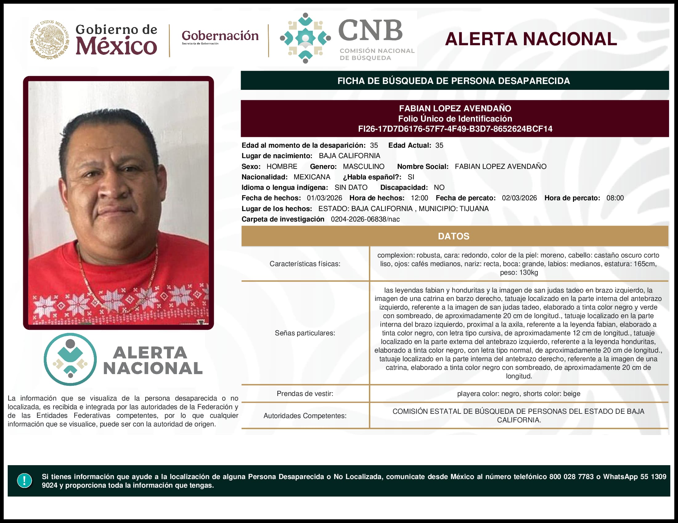 Persona desaparecida Fabian Lopez Avendano