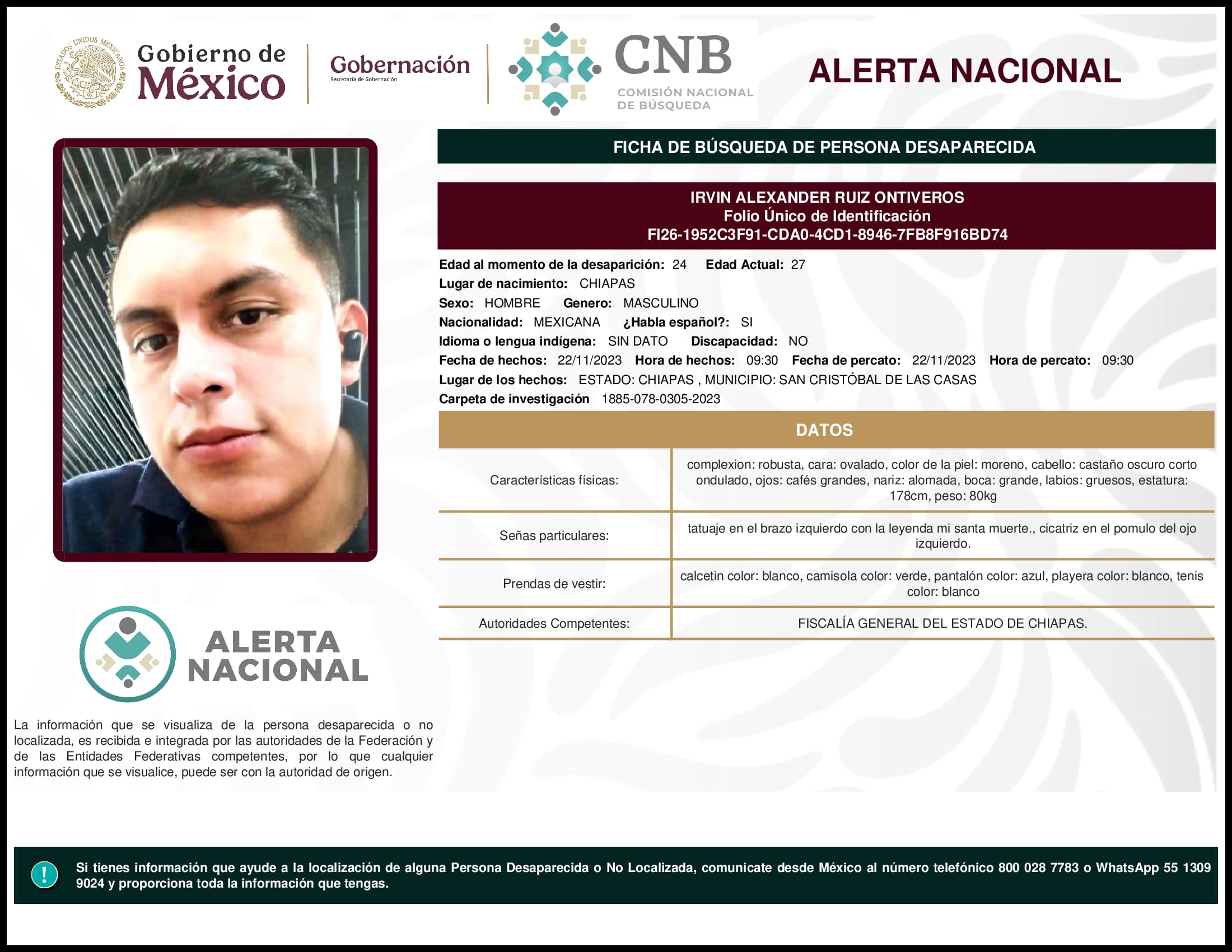 Persona desaparecida Irvin Alexander Ruiz Ontiveros
