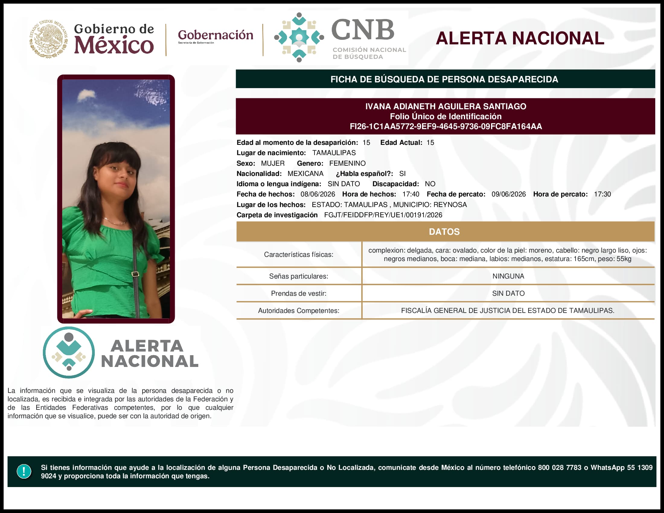 Persona desaparecida Ivana Adianeth Aguilera Santiago