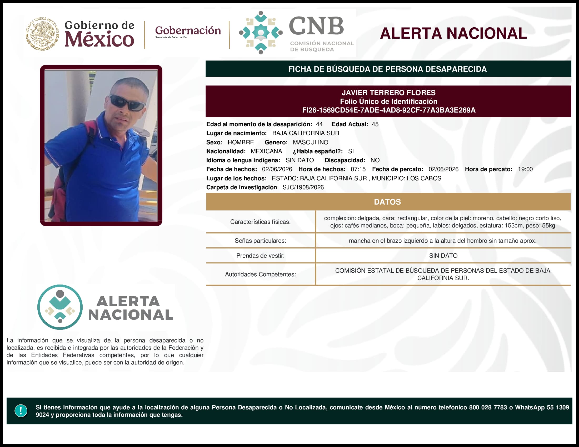 Persona desaparecida Javier Terrero Flores