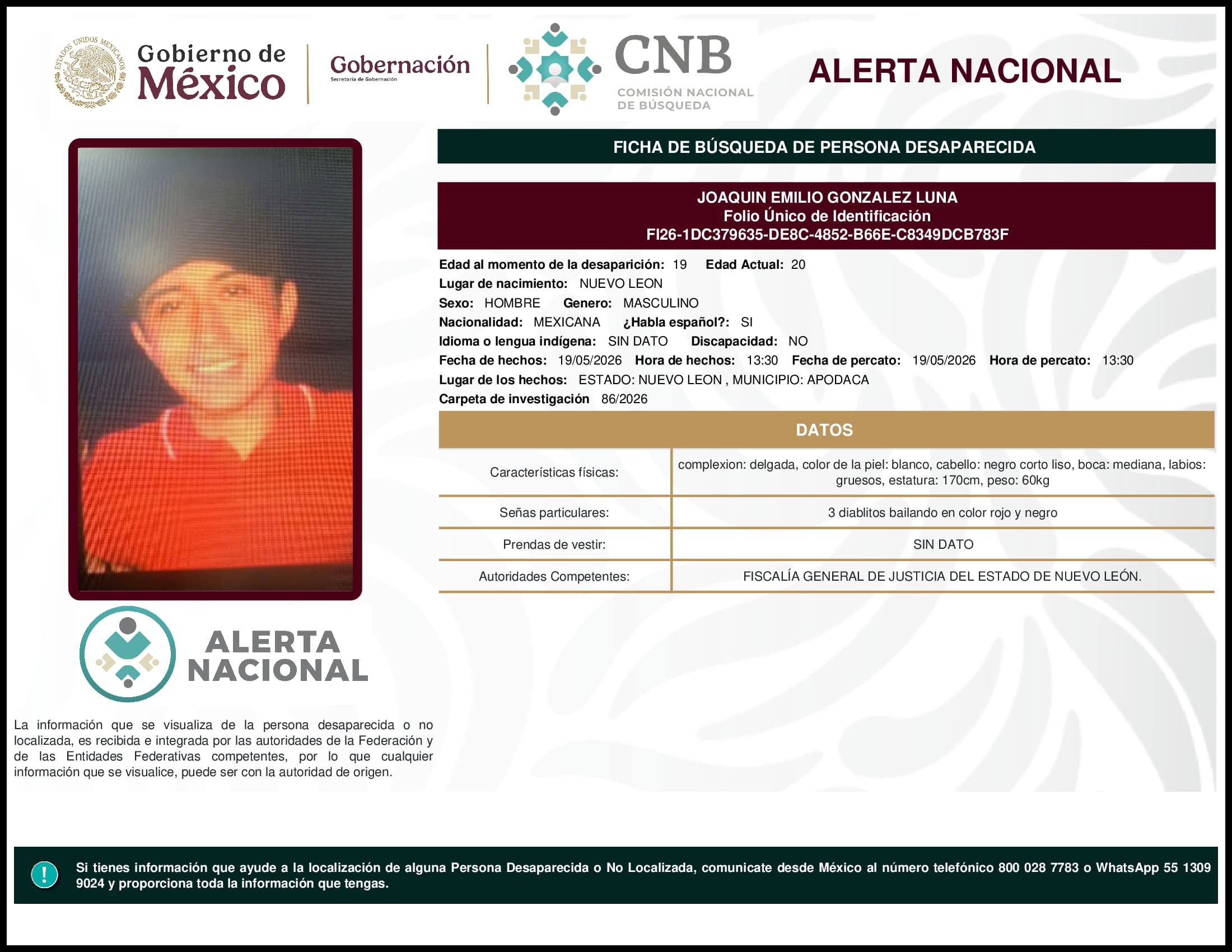 Persona desaparecida Joaquin Emilio Gonzalez Luna