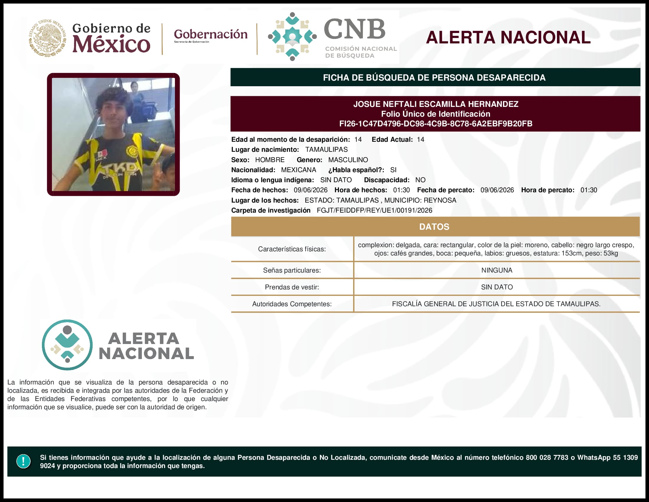 Persona desaparecida Josue Neftali Escamilla Hernandez