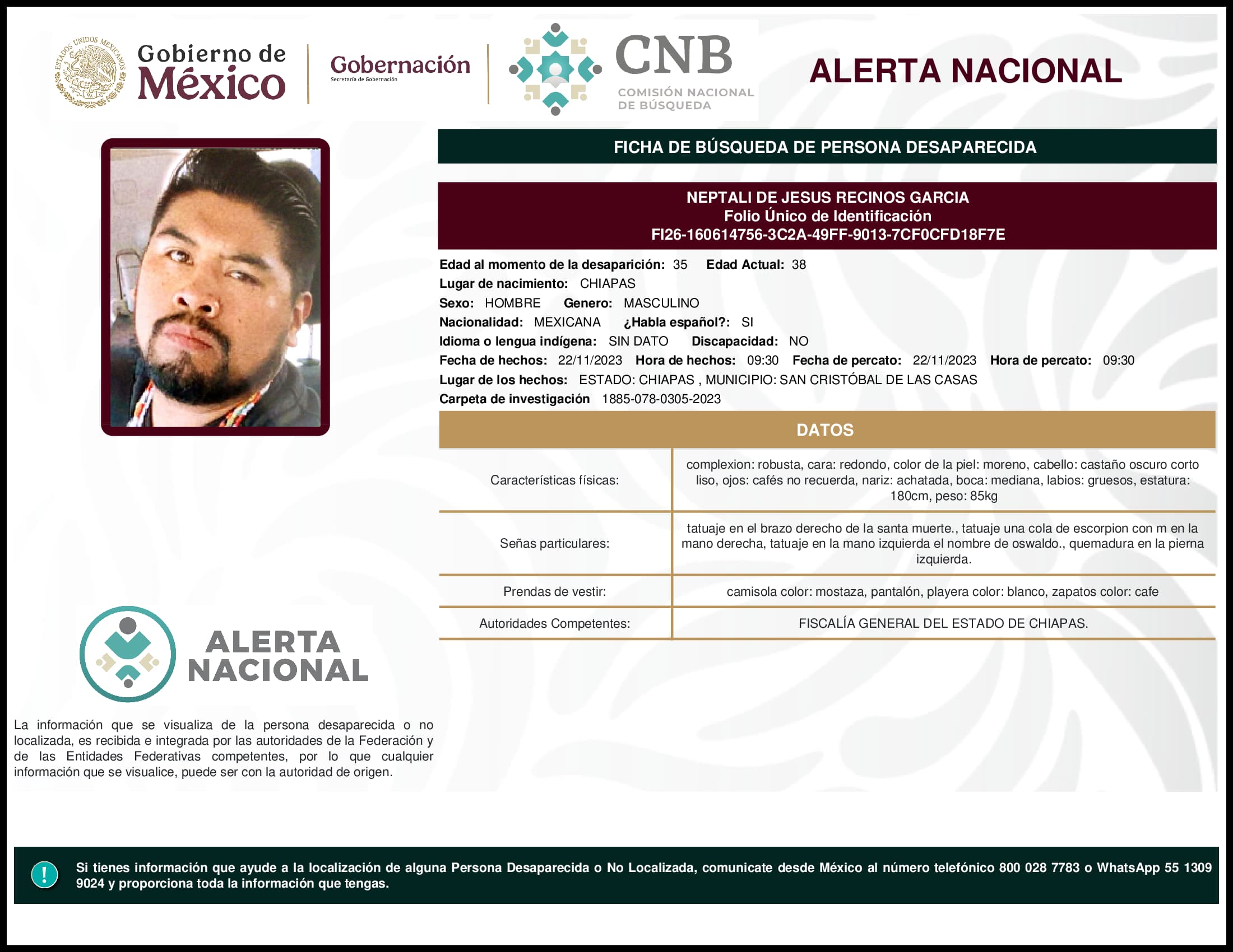 Persona desaparecida Neptali De Jesus Recinos Garcia