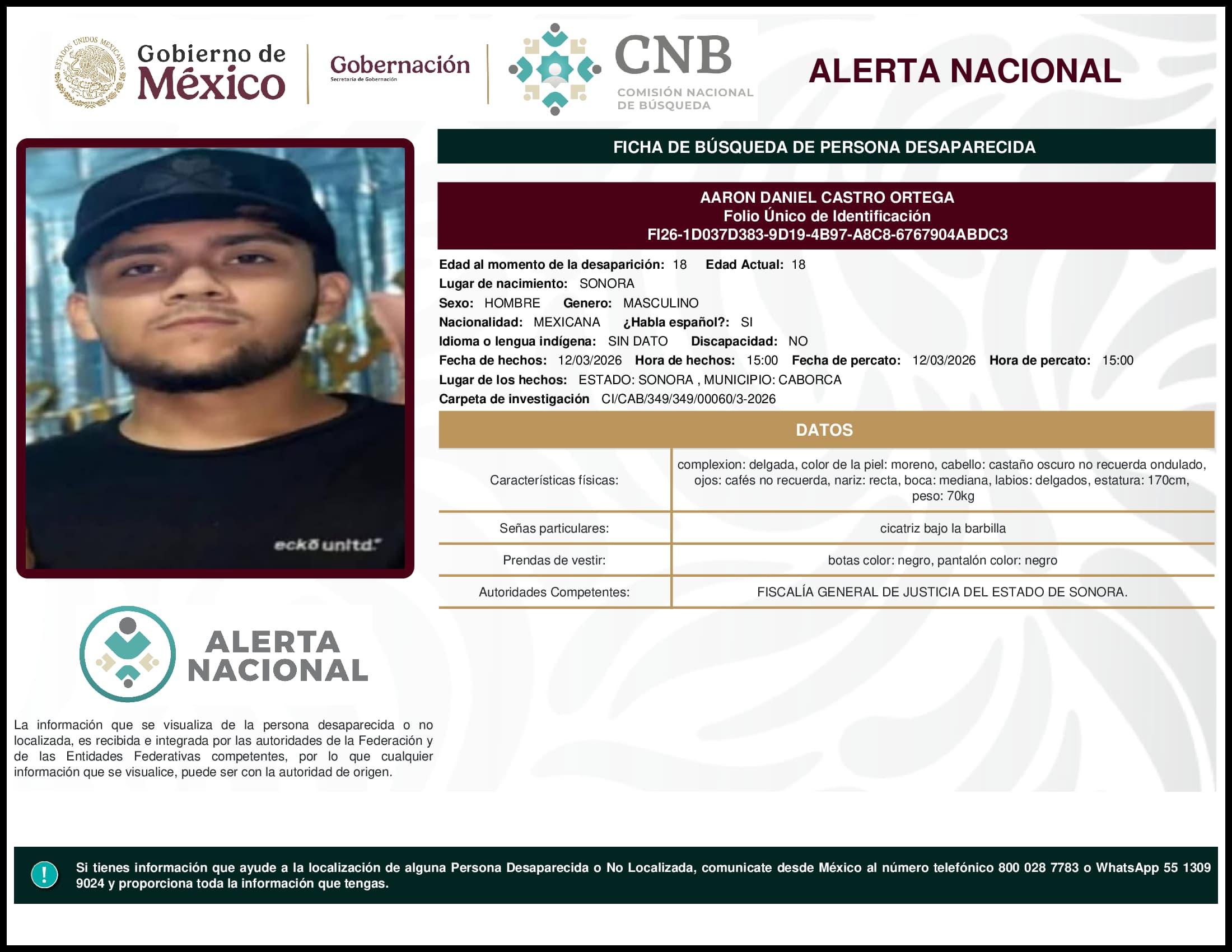 Persona desaparecida Aaron Daniel Castro Ortega