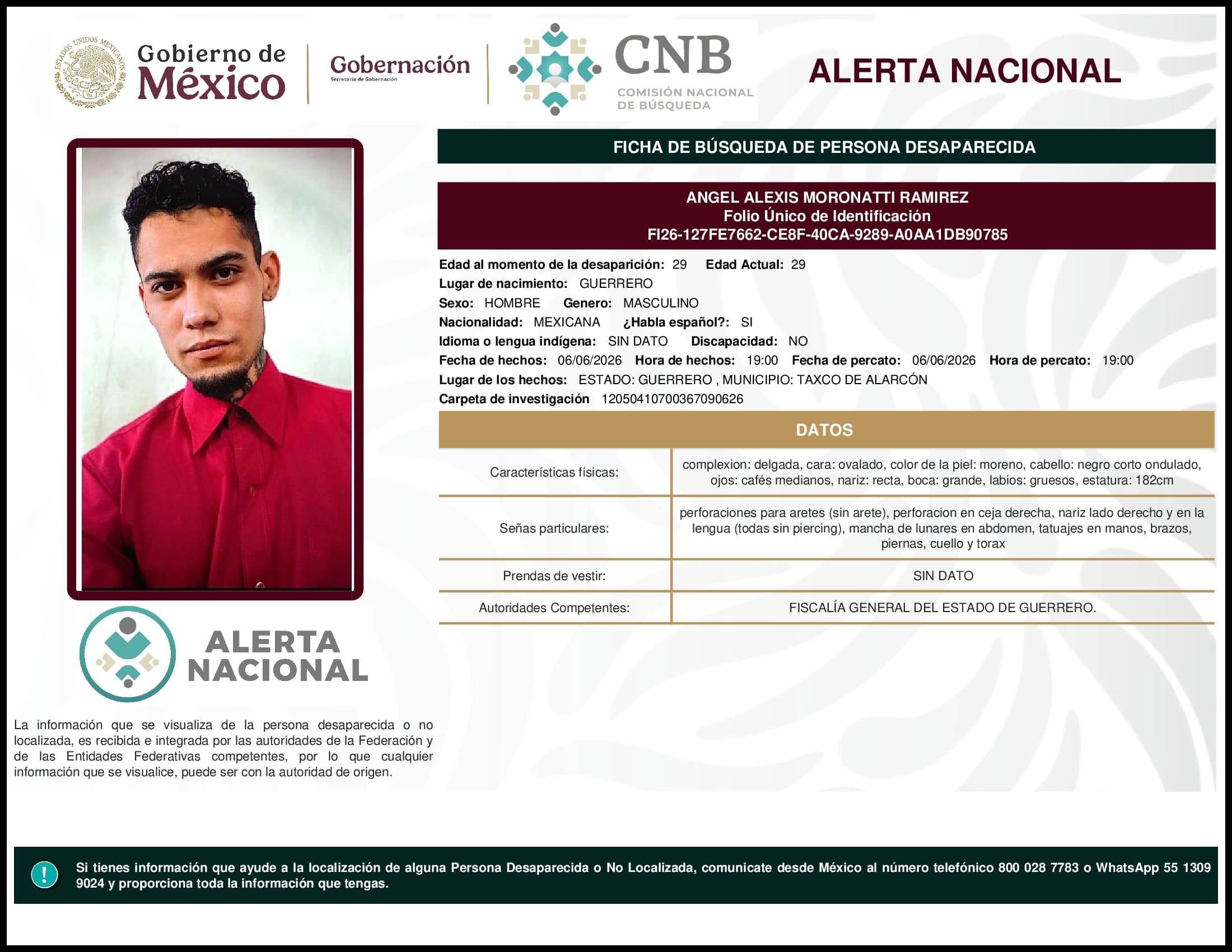 Persona desaparecida Angel Alexis Moronatti Ramirez