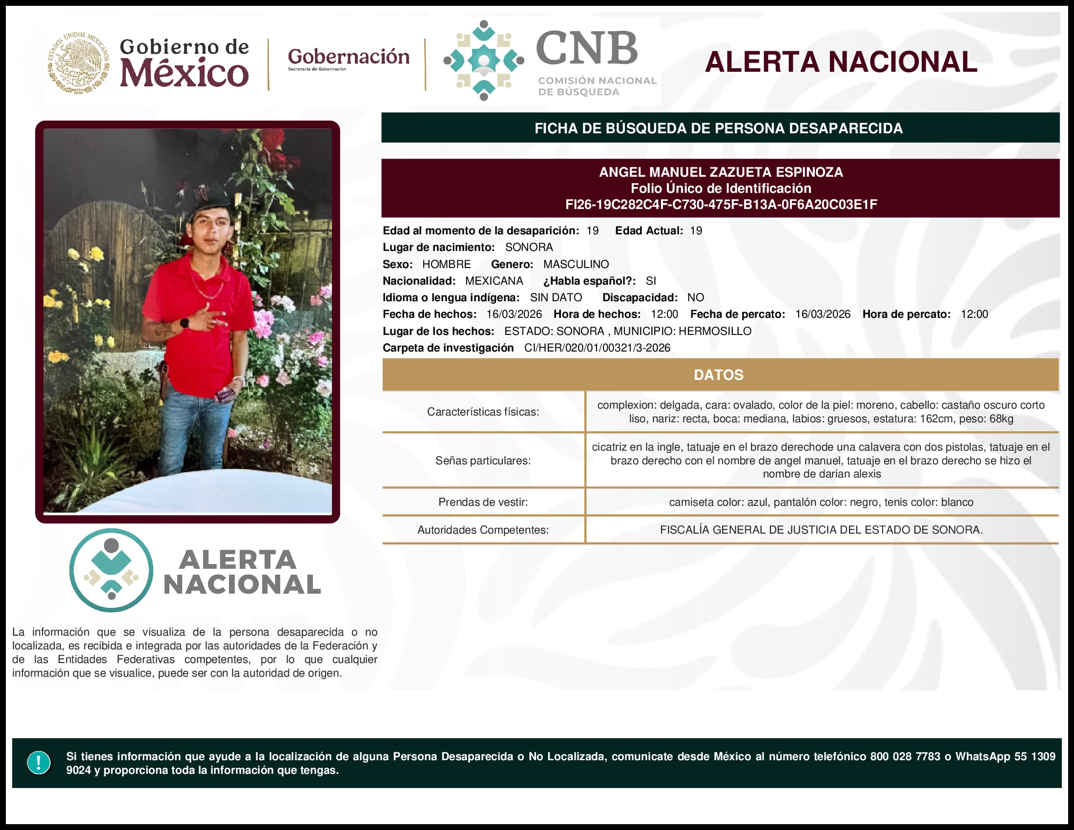 Persona desaparecida Angel Manuel Zazueta Espinoza