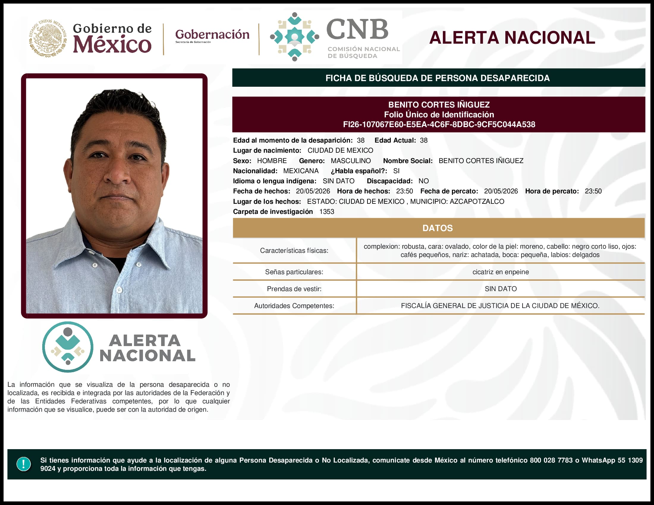 Persona desaparecida Benito Cortes Iniguez