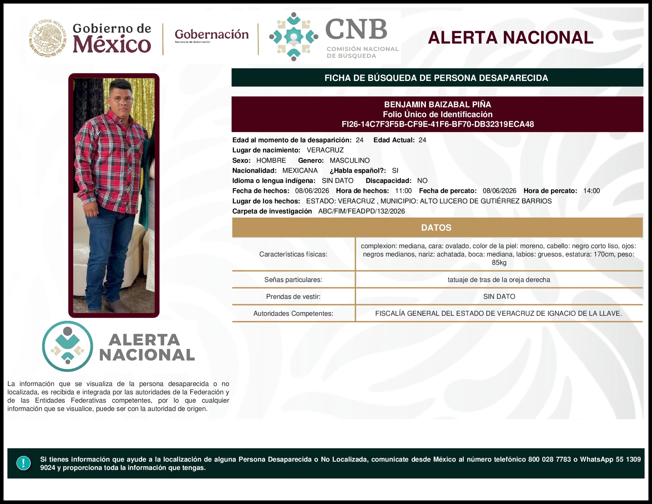 Persona desaparecida Benjamin Baizabal Pina