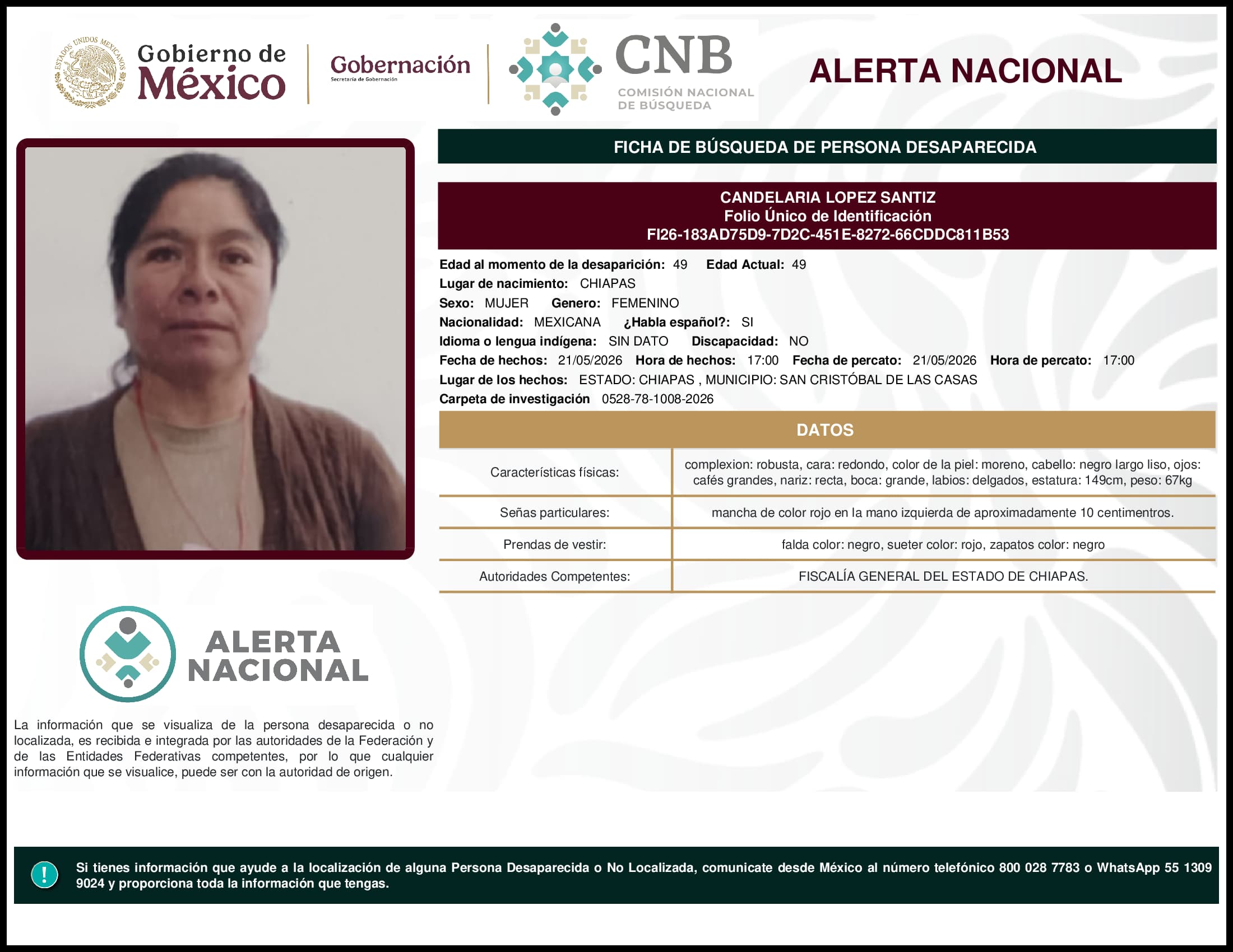 Persona desaparecida Candelaria Lopez Santiz