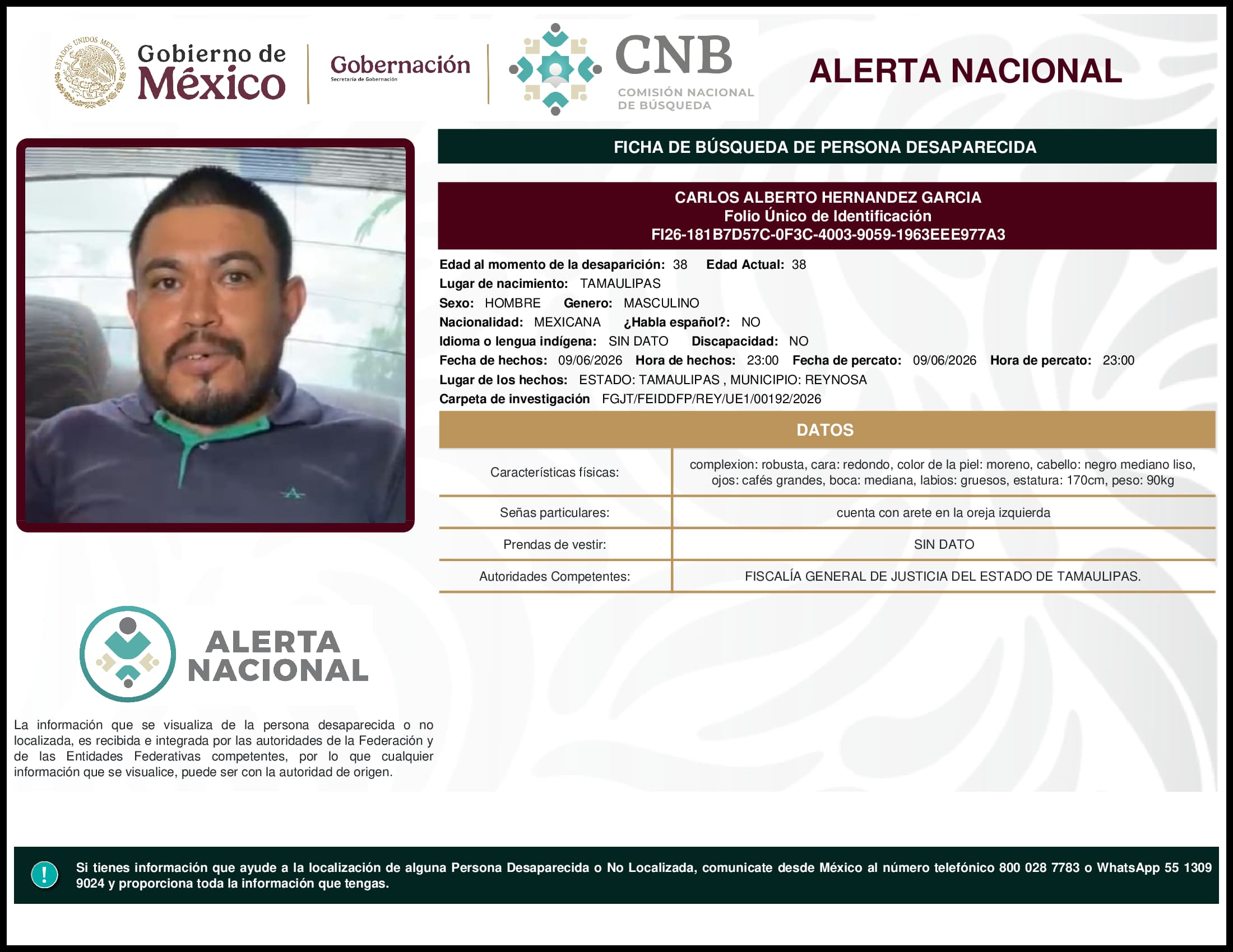 Persona desaparecida Carlos Alberto Hernandez Garcia