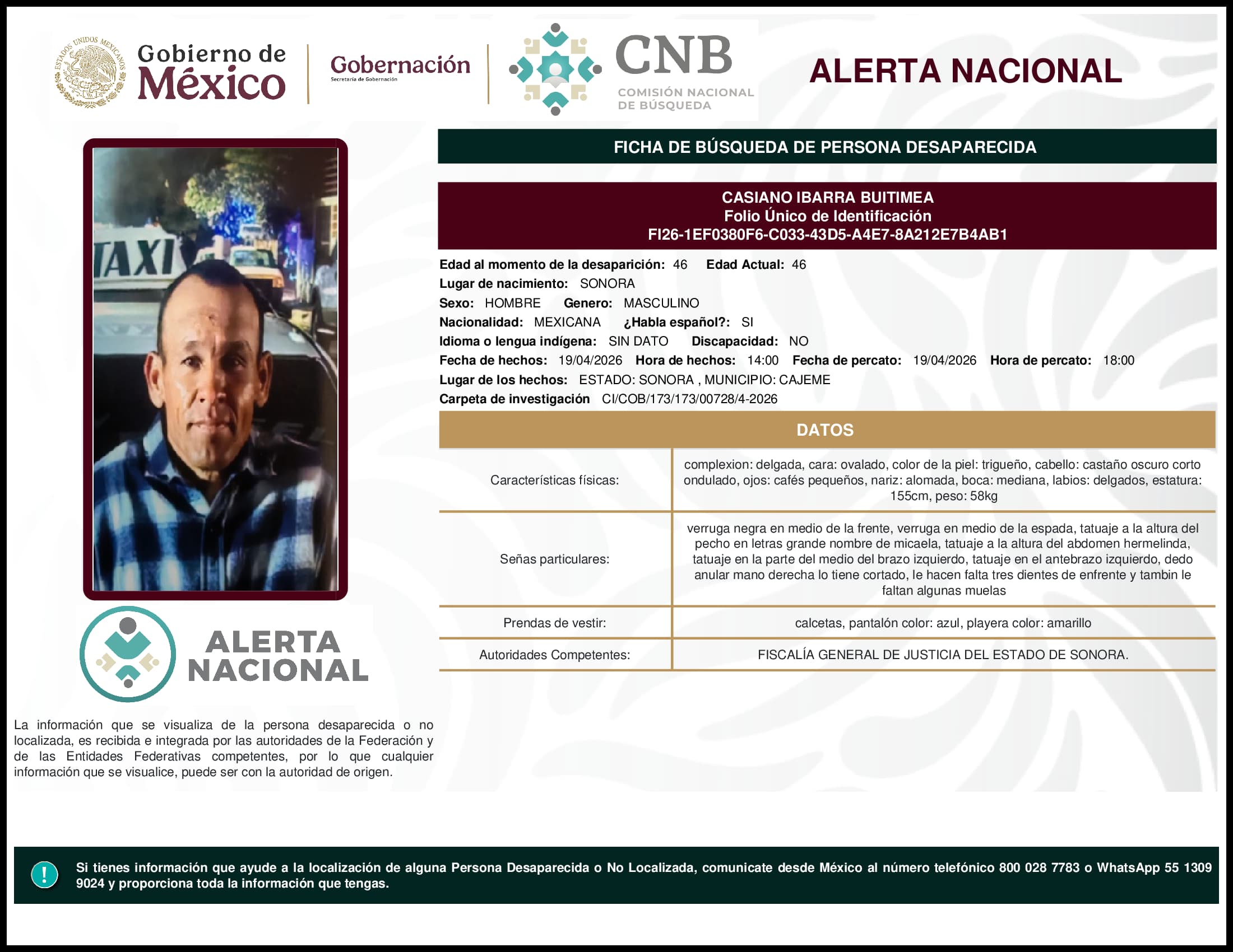 Persona desaparecida Casiano Ibarra Buitimea