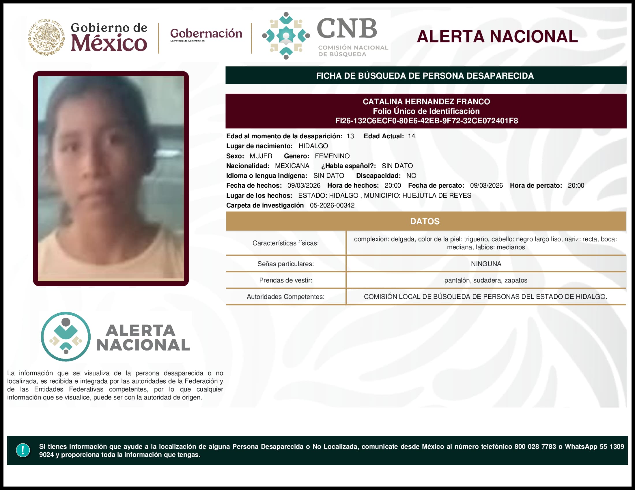 Persona desaparecida Catalina Hernandez Franco