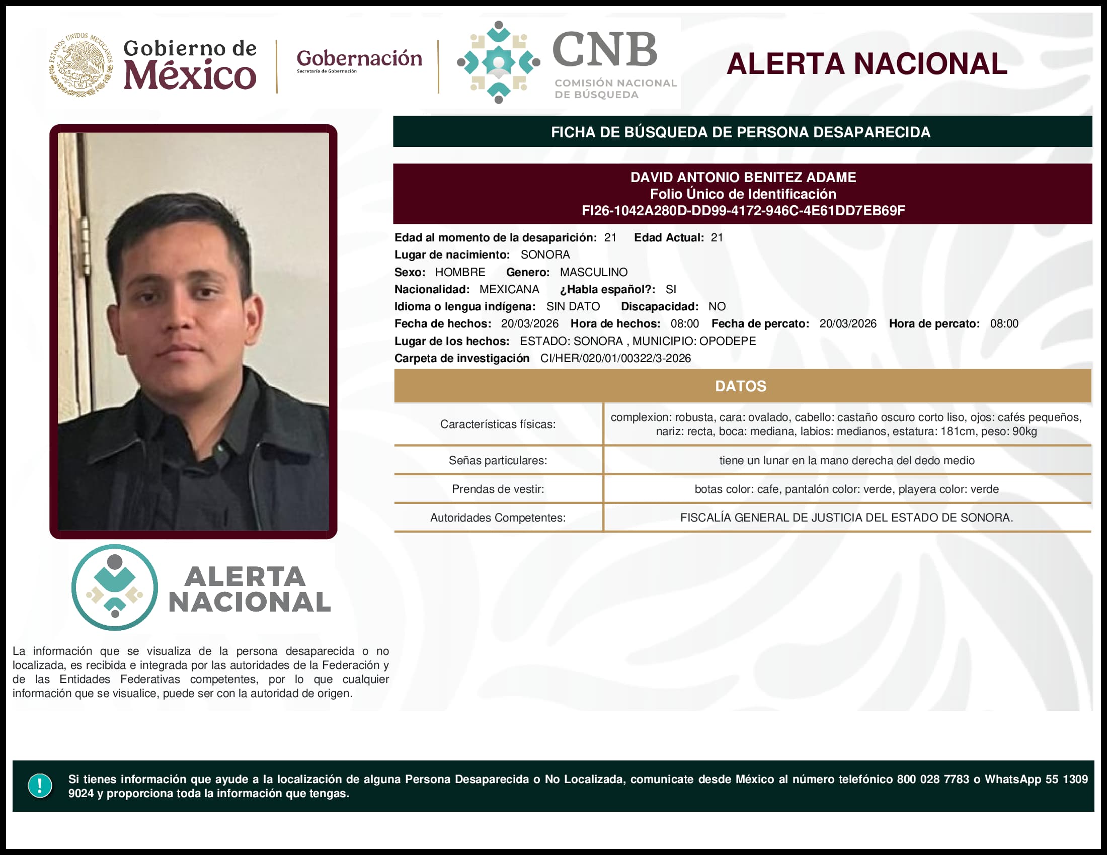 Persona desaparecida David Antonio Benitez Adame