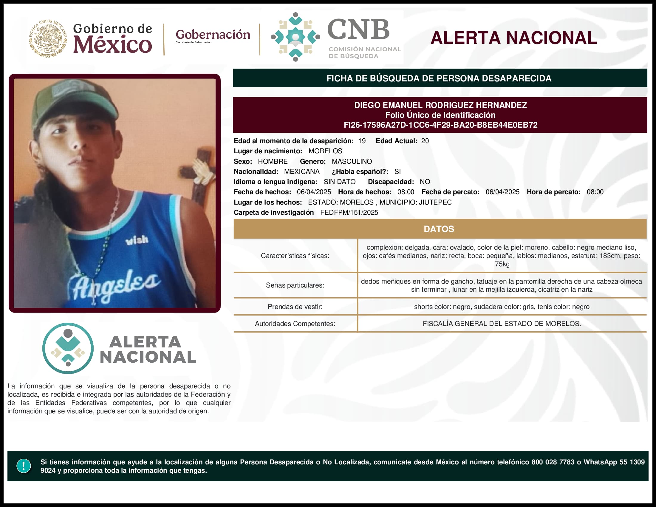Persona desaparecida Diego Emanuel Rodriguez Hernandez