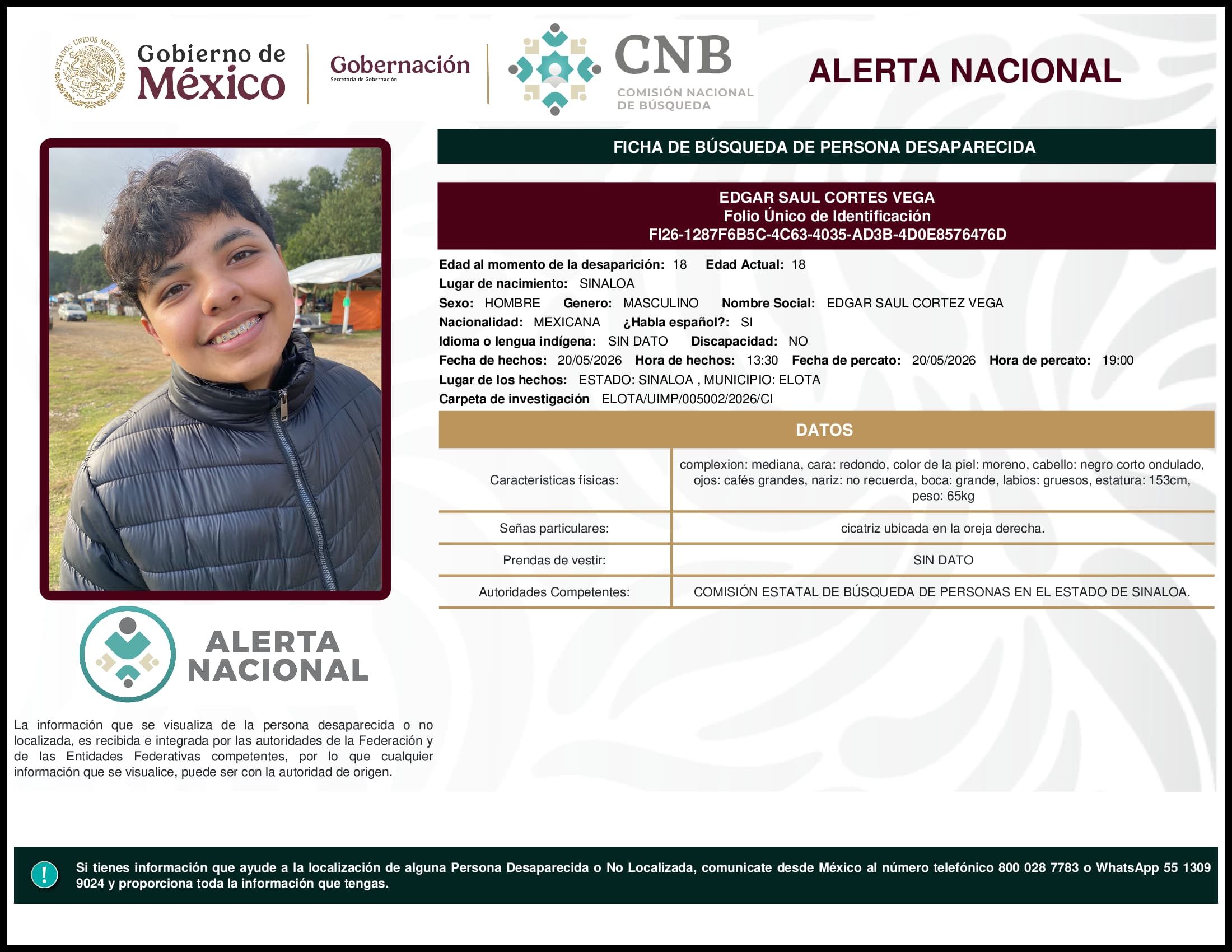 Persona desaparecida Edgar Saul Cortes Vega