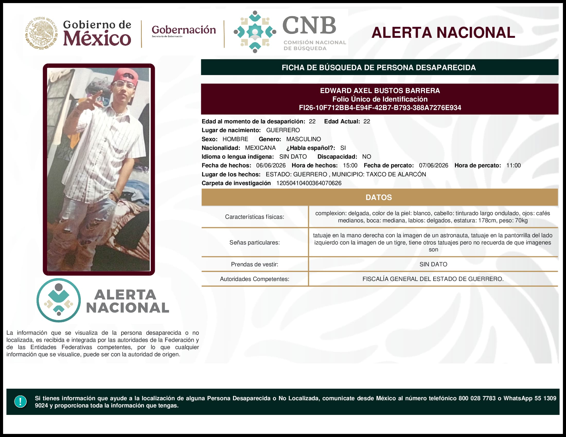 Persona desaparecida Edward Axel Bustos Barrera