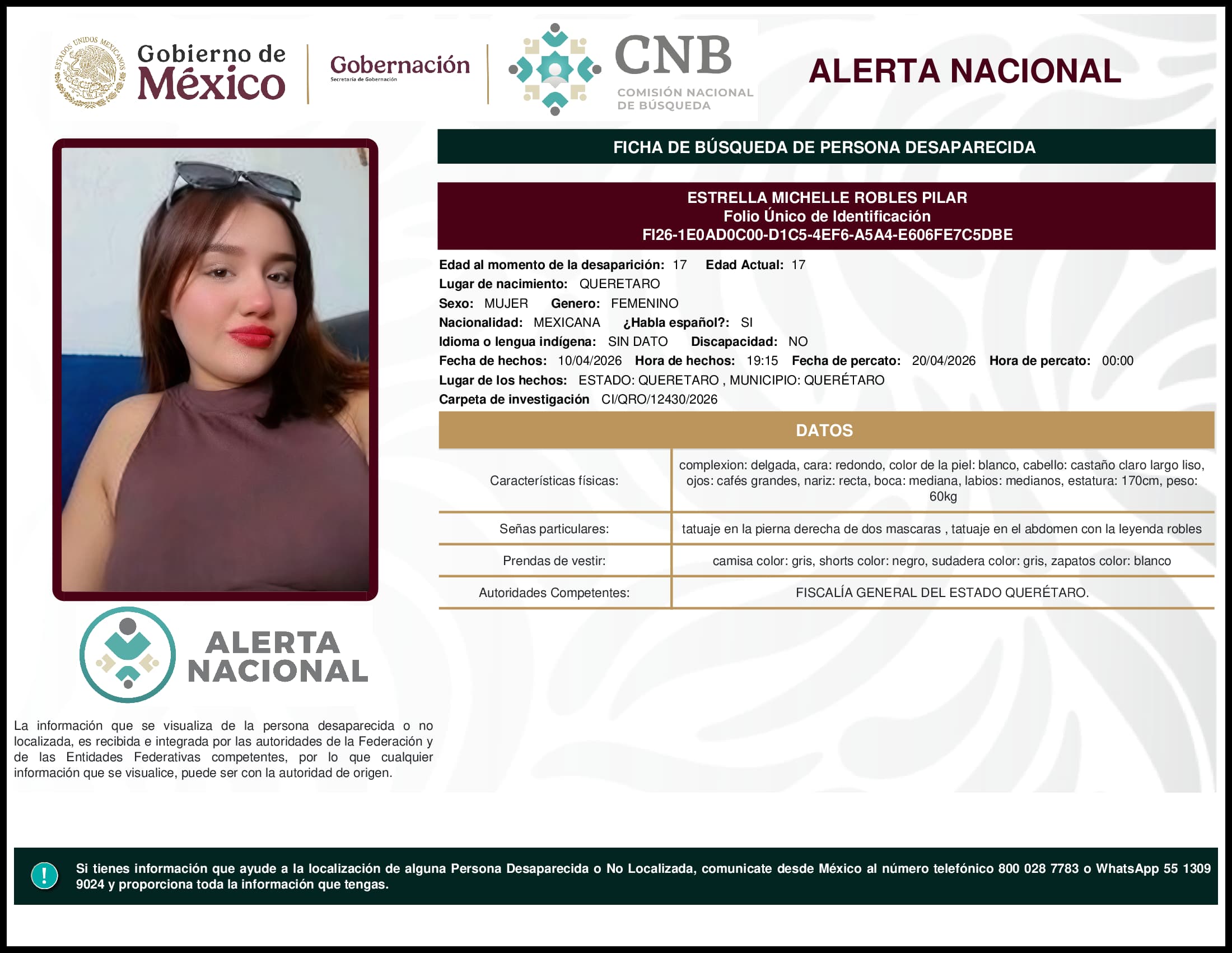 Persona desaparecida Estrella Michelle Robles Pilar