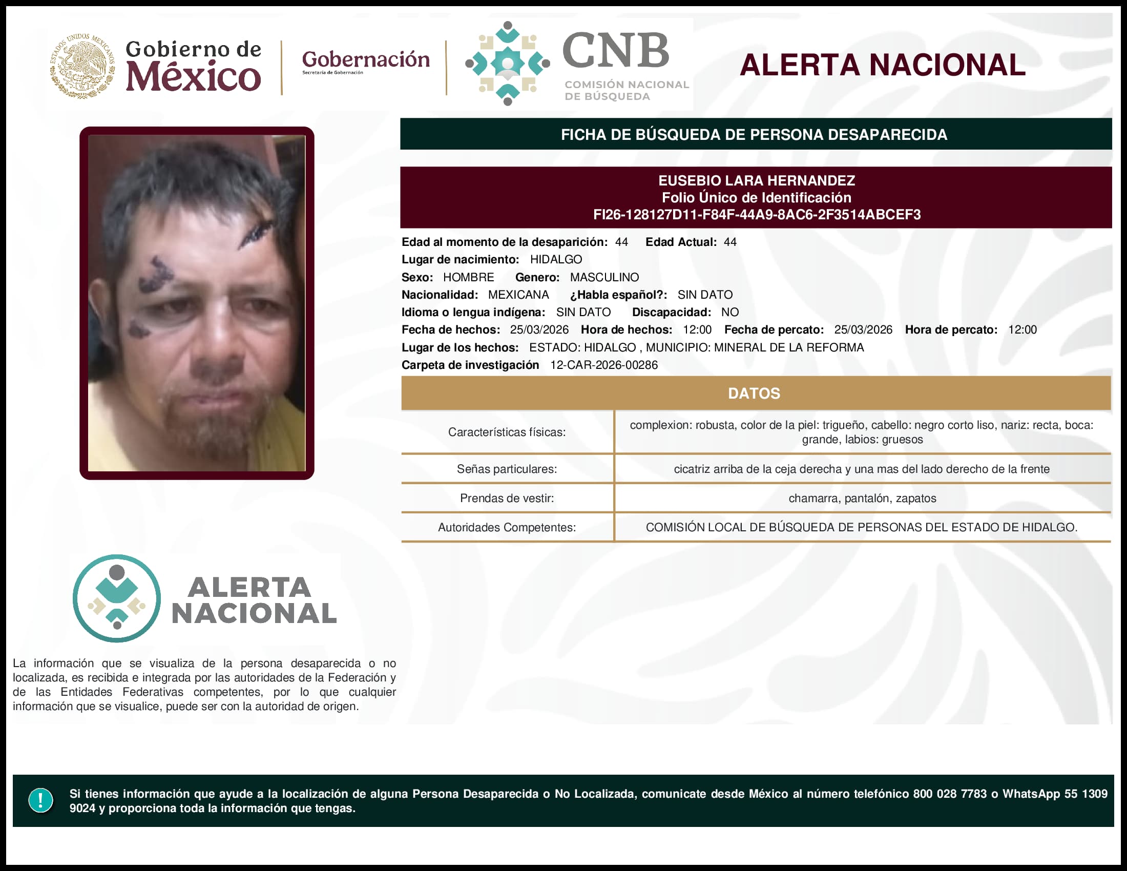 Persona desaparecida Eusebio Lara Hernandez