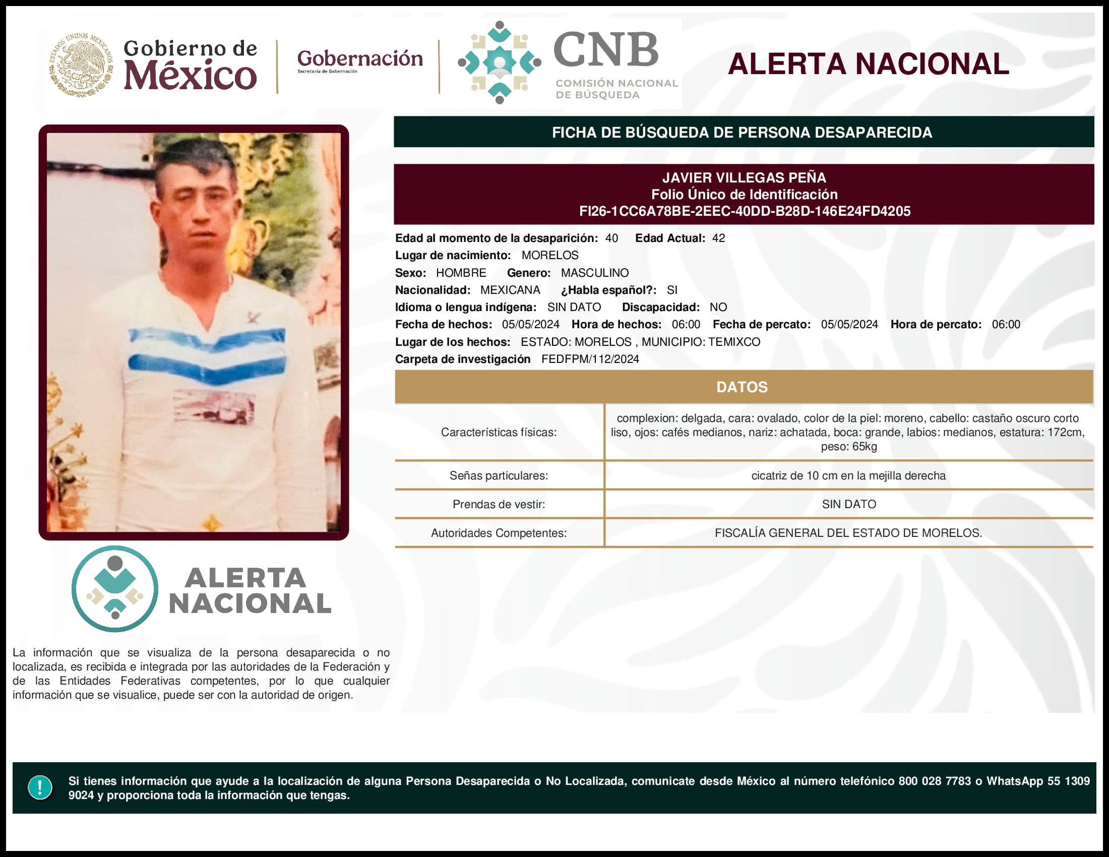 Persona desaparecida Javier Villegas Pena