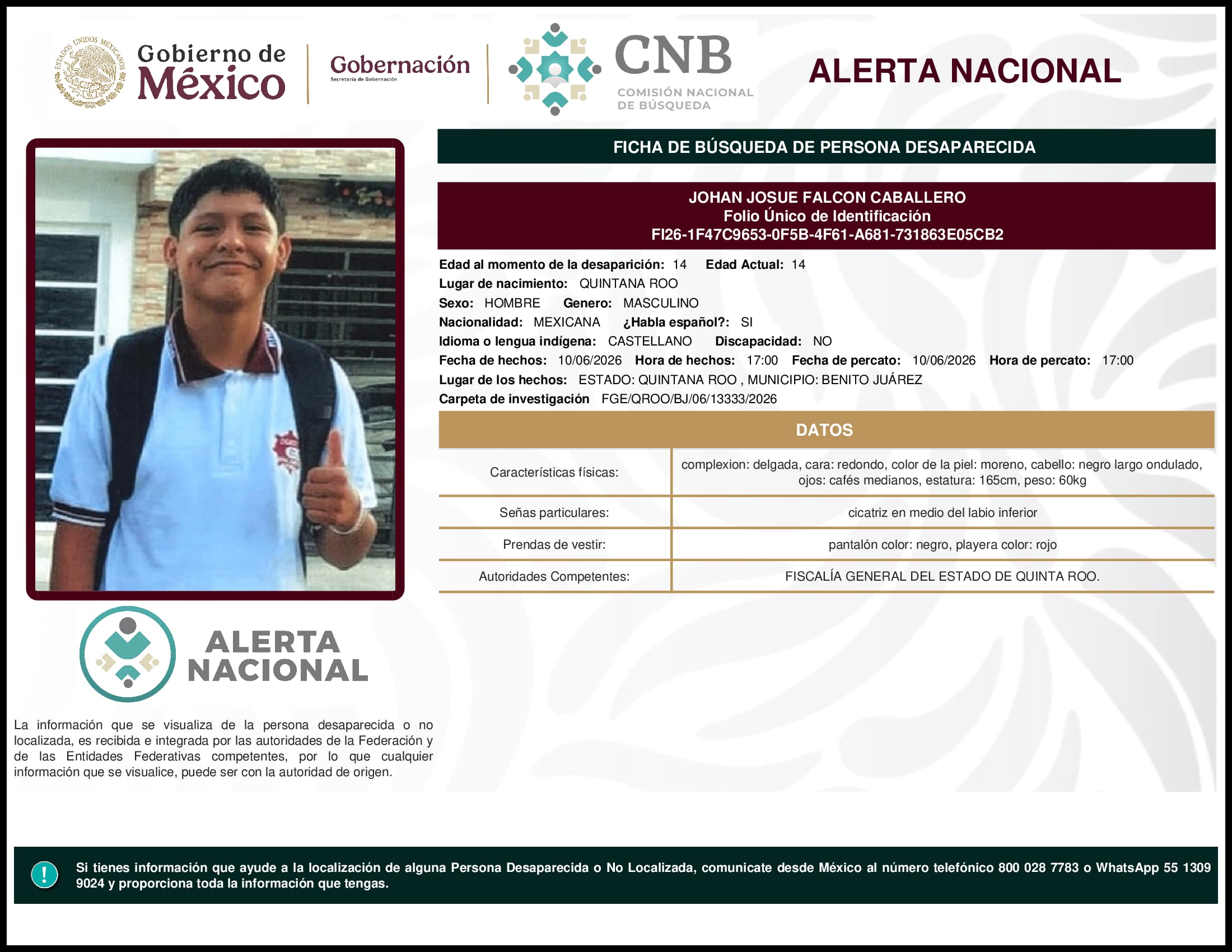Persona desaparecida Johan Josue Falcon Caballero